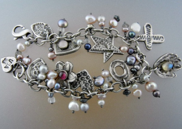 Charm Bracelet Sterling Silver Pearls Garnet Rose Quart