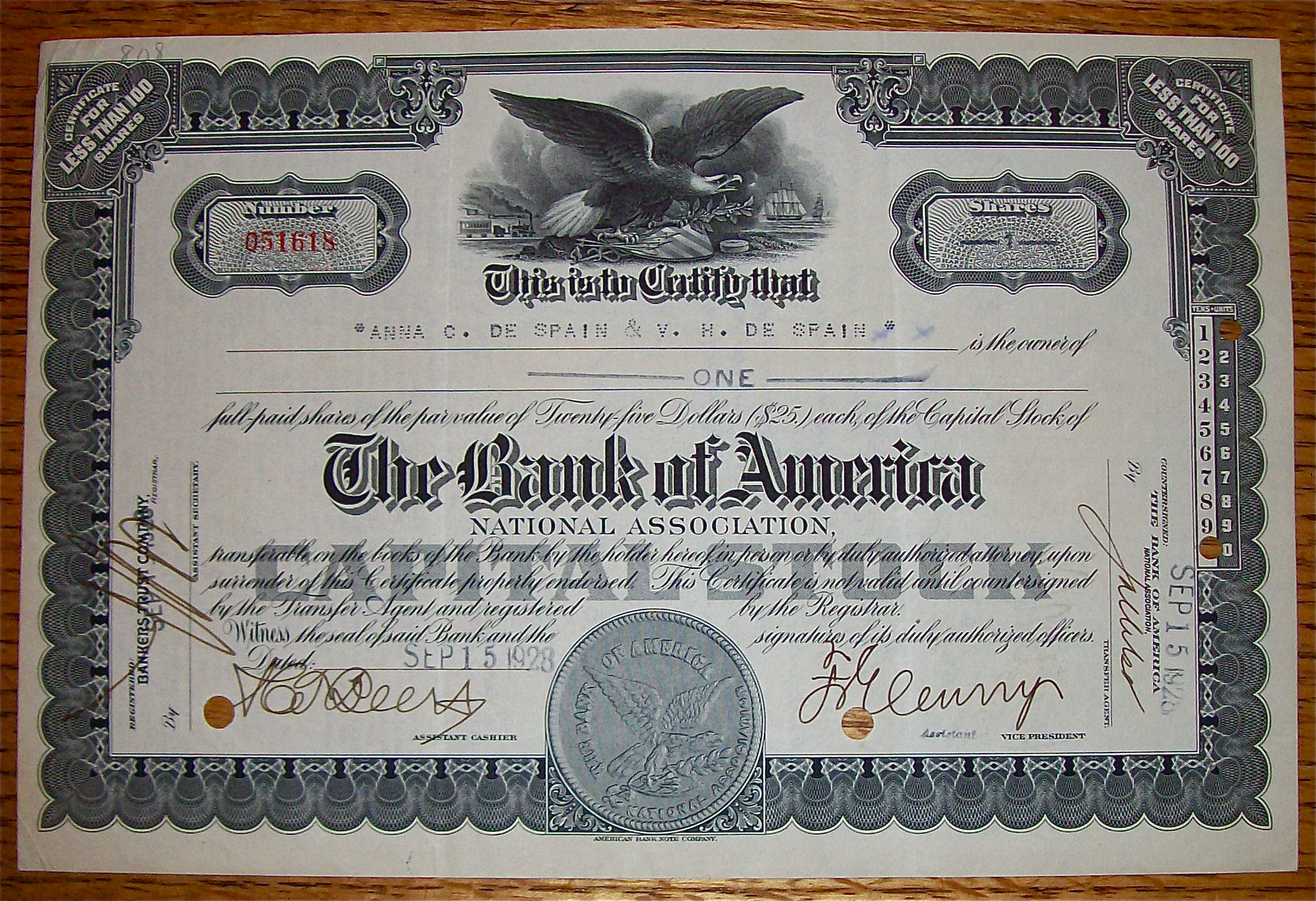1928 Bank Of America Stock Certificate