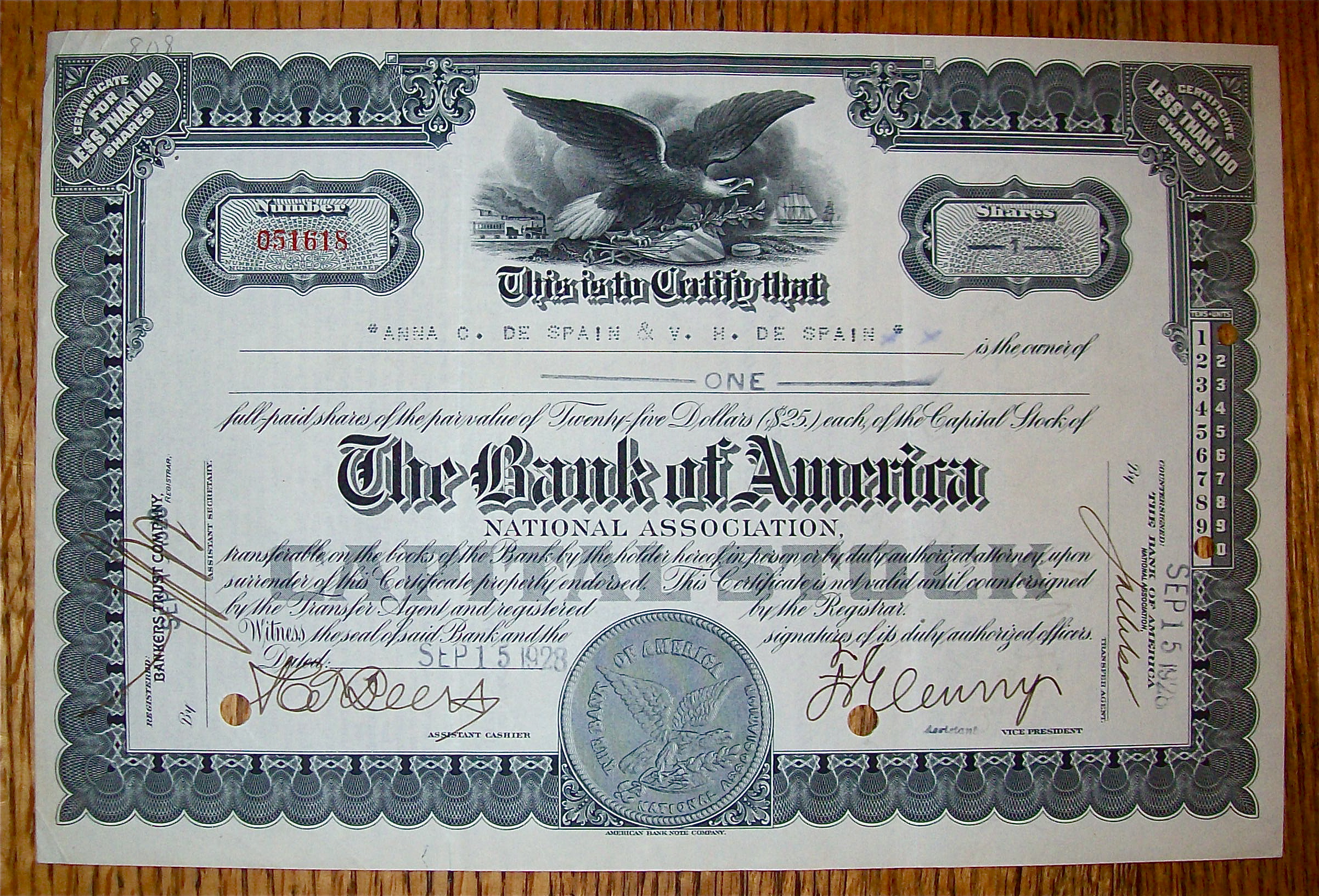 1928 Bank Of America Stock Certificate