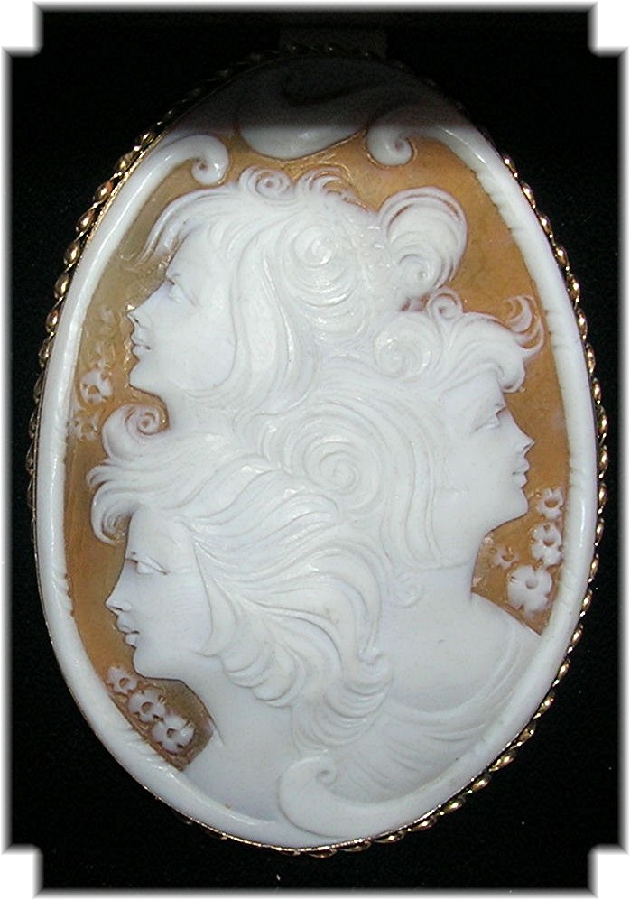 Brooch 14K Gold Shell 3 Faces Cameo