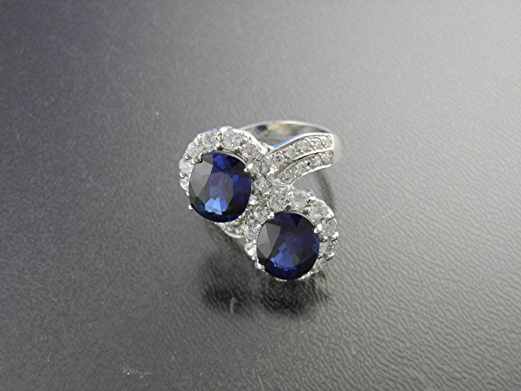 Ring Sterling Silver Kashmir Sapphires Blue and White