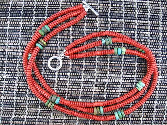 Coral and Turquoise 3 Strand Necklace Silver Clasp