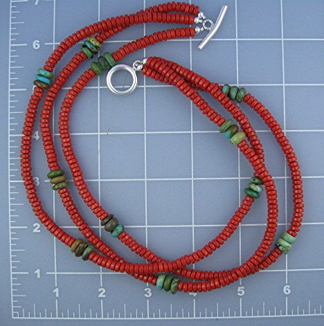 Coral and Turquoise 3 Strand Necklace Silver Clasp