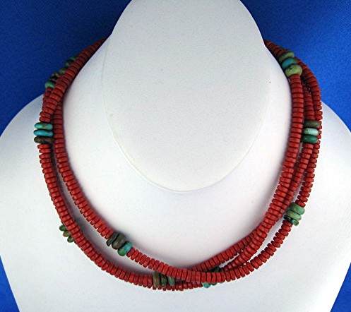 Coral and Turquoise 3 Strand Necklace Silver Clasp