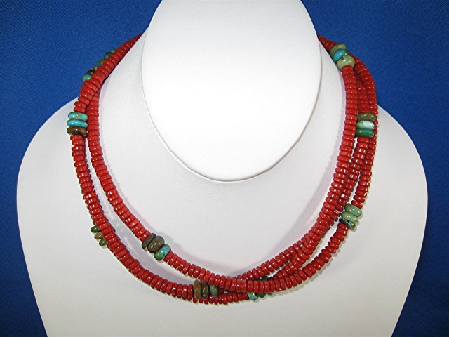 Coral and Turquoise 3 Strand Necklace Silver Clasp