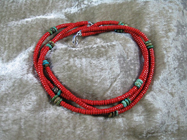 Coral and Turquoise 3 Strand Necklace Silver Clasp