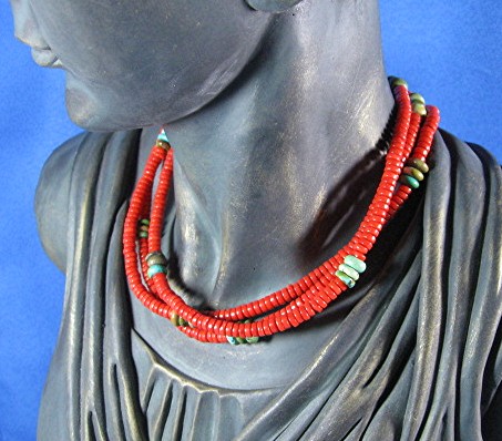 Coral and Turquoise 3 Strand Necklace Silver Clasp