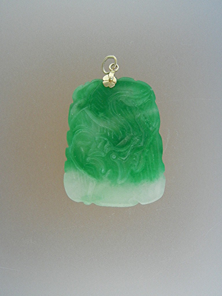 Pendant Green Carved Jade 14K Gold bale