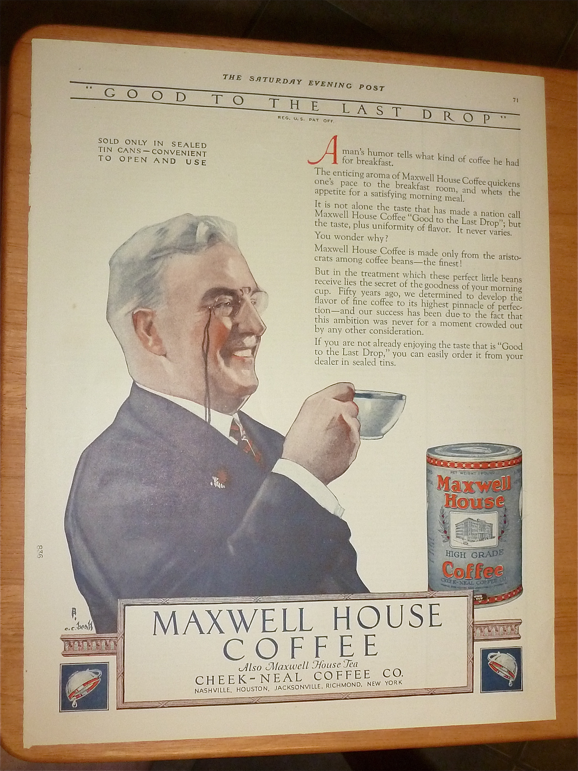 1923 Maxwell House Coffee w/ Man Drinking Cup Of Coffee