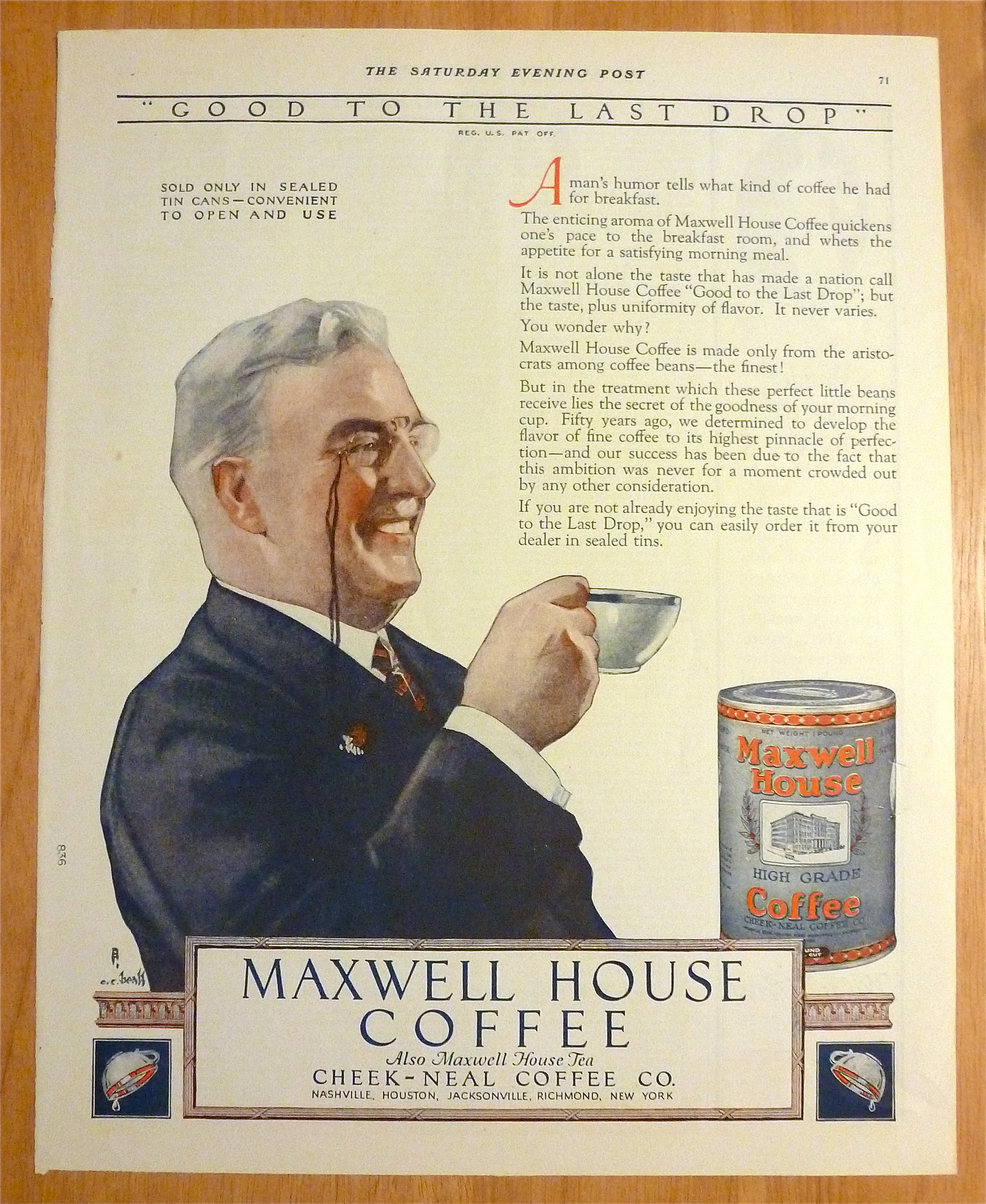 1923 Maxwell House Coffee w/ Man Drinking Cup Of Coffee