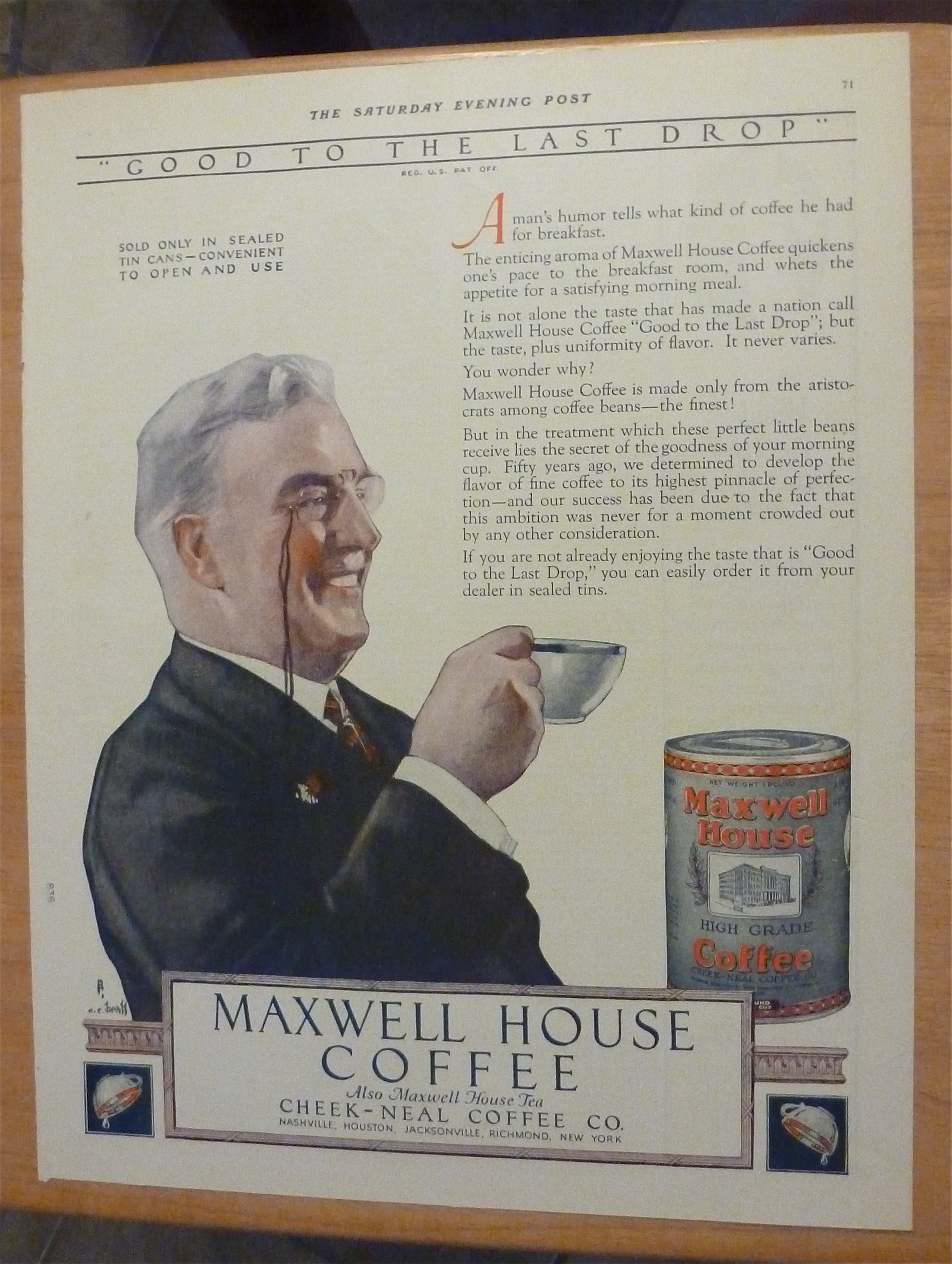 1923 Maxwell House Coffee w/ Man Drinking Cup Of Coffee