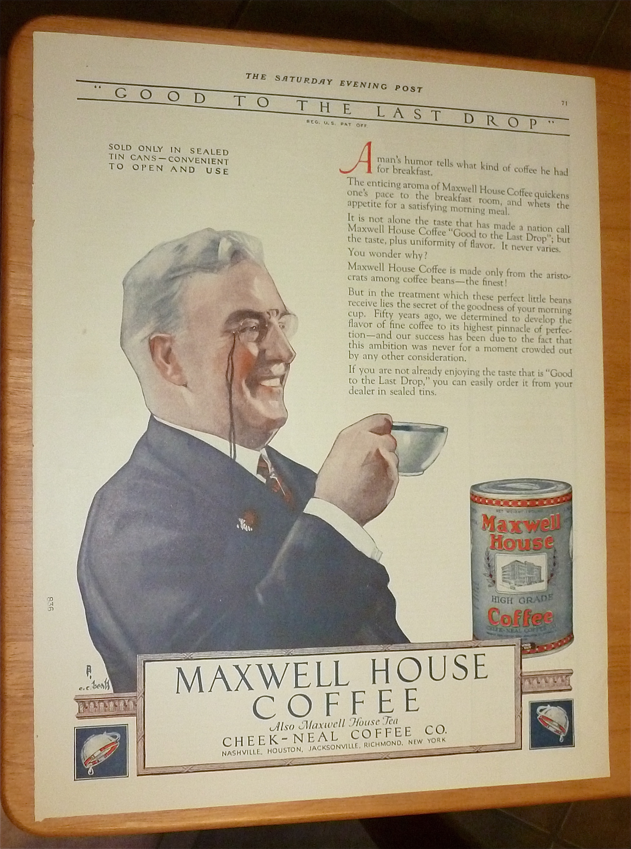 1923 Maxwell House Coffee w/ Man Drinking Cup Of Coffee