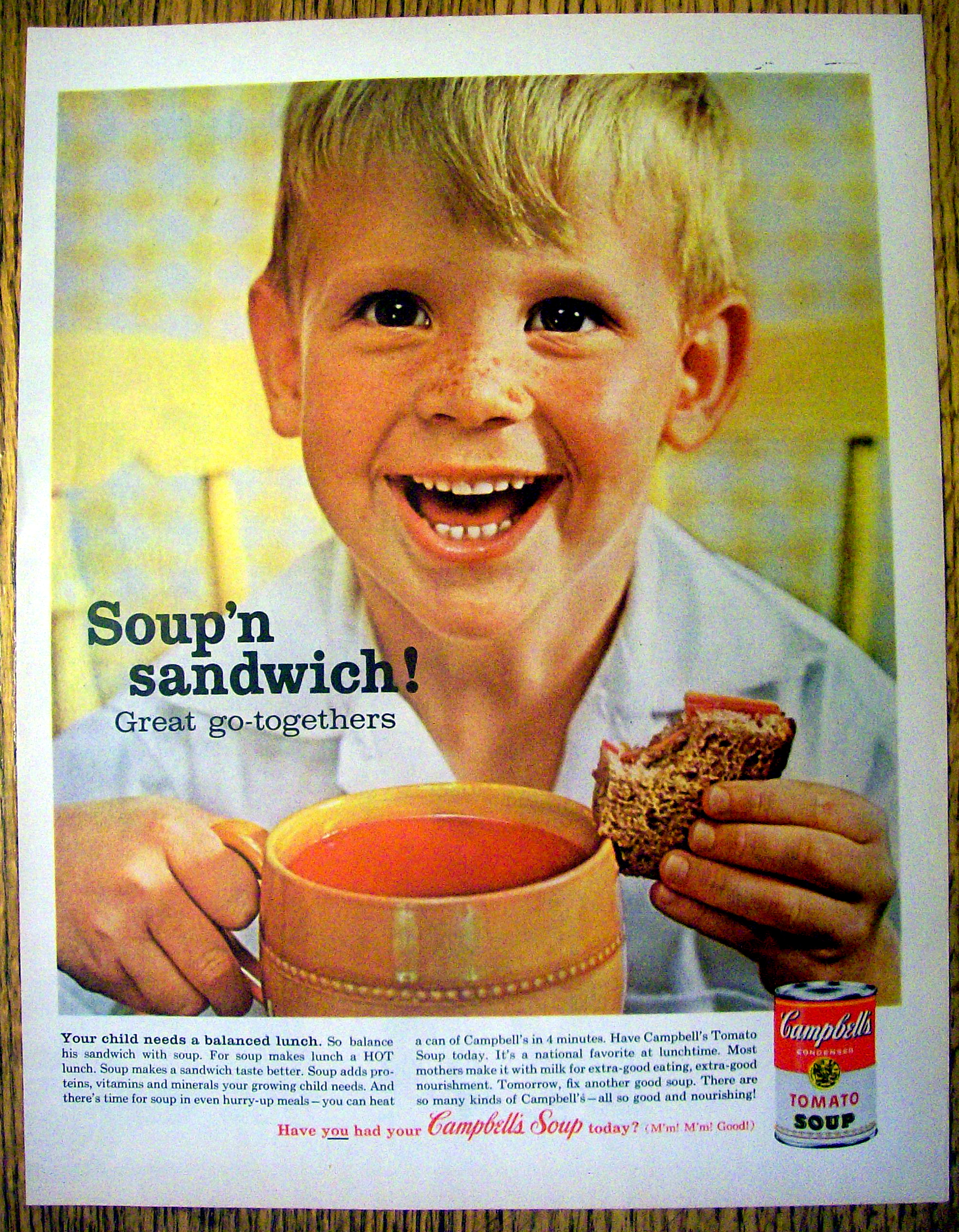 1962 Campbell Tomato Soup with Boy Enjoying Cup Of Soup