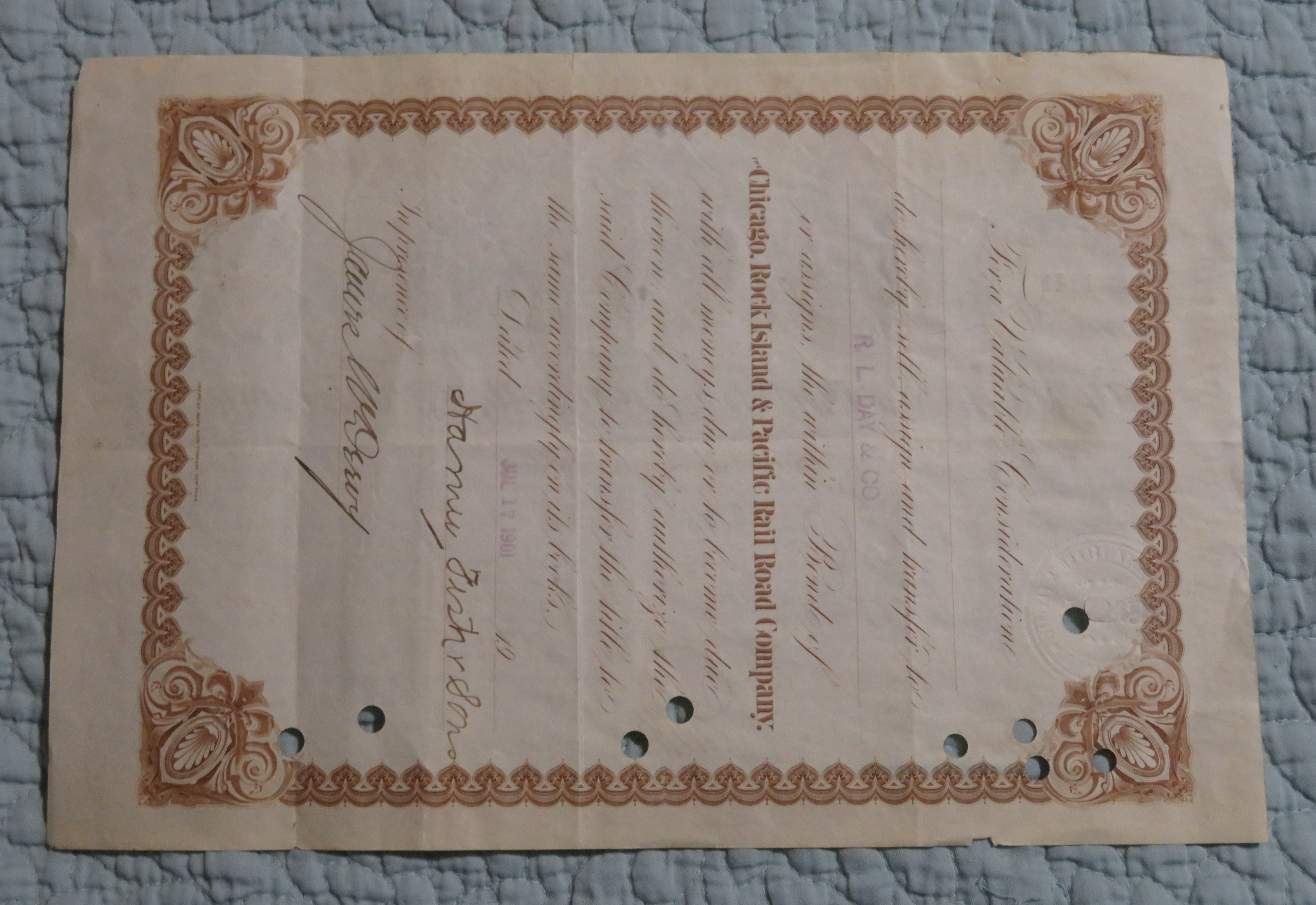 1901 Chicago Rock Island & Pacific RR Co. Stock