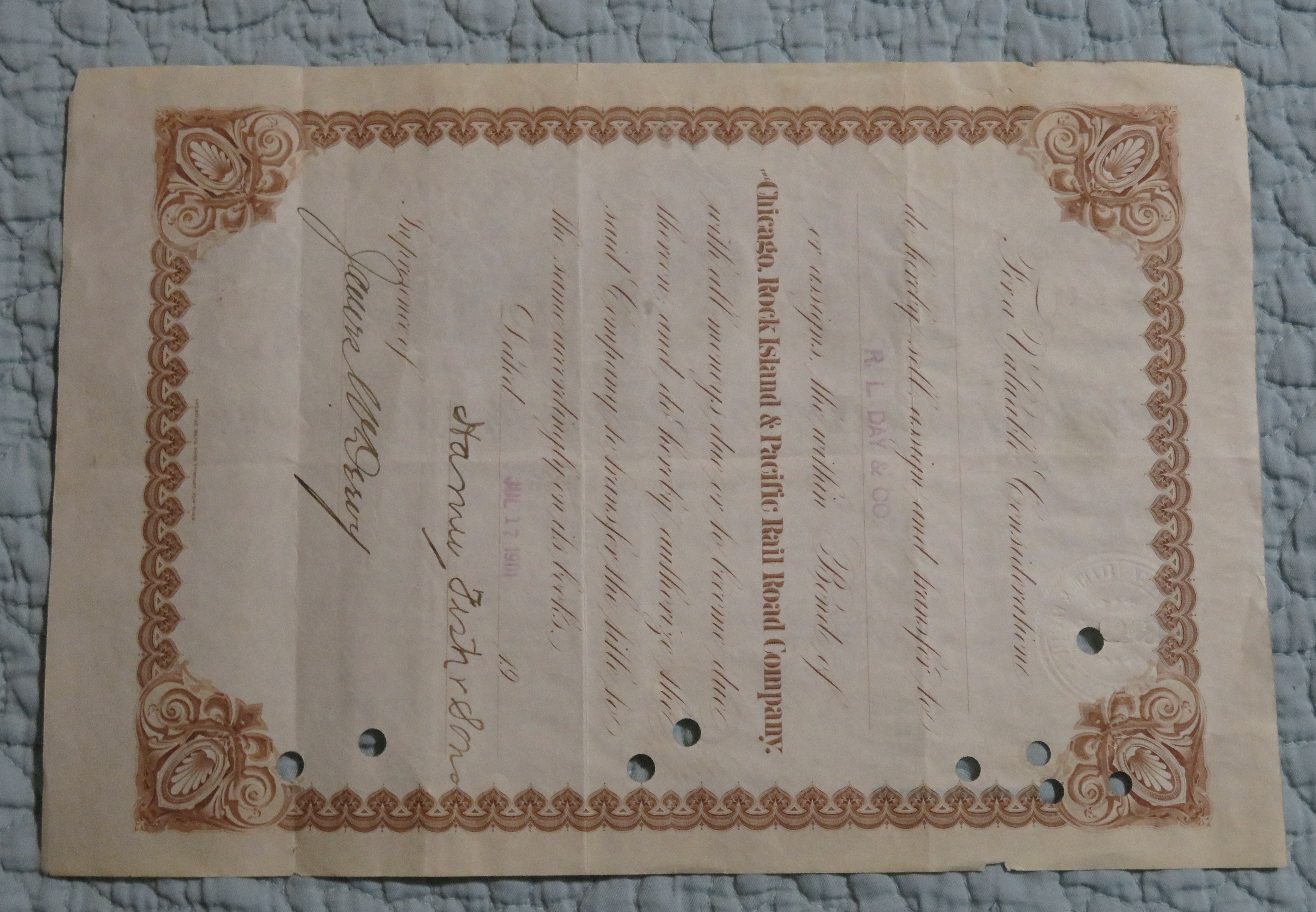 1901 Chicago Rock Island & Pacific RR Co. Stock
