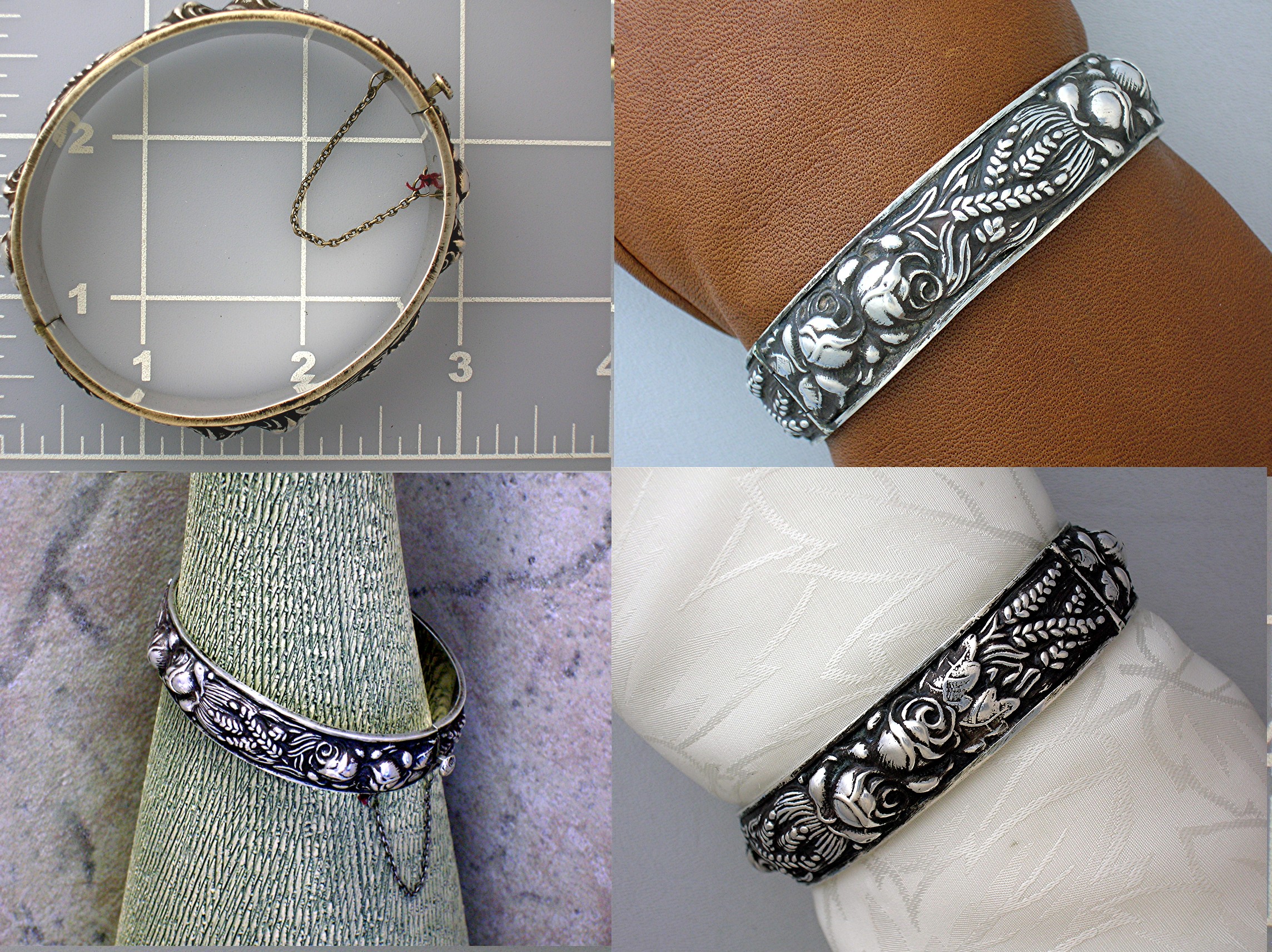 Silver Antique Hinged Bracelet Roses and Wheat 1940s