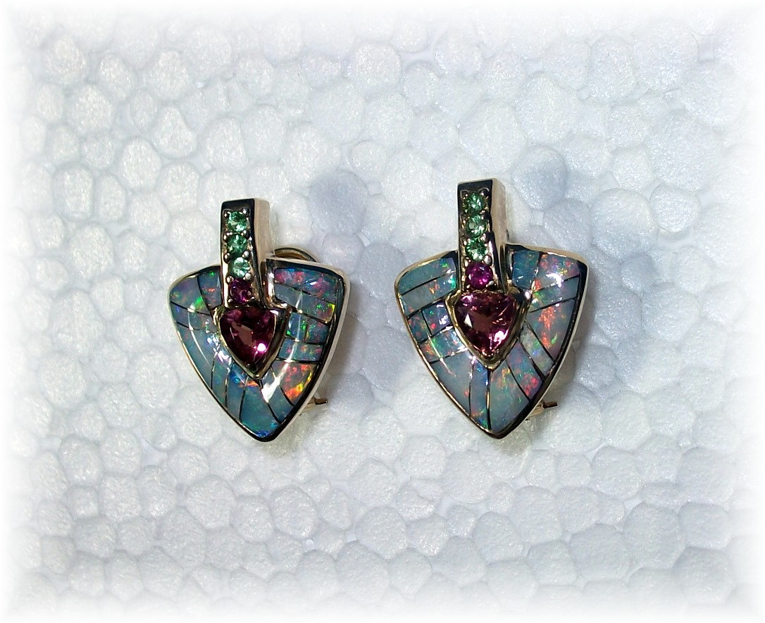 14k Gold Natural Opal Tourmaline French Back G L Miller