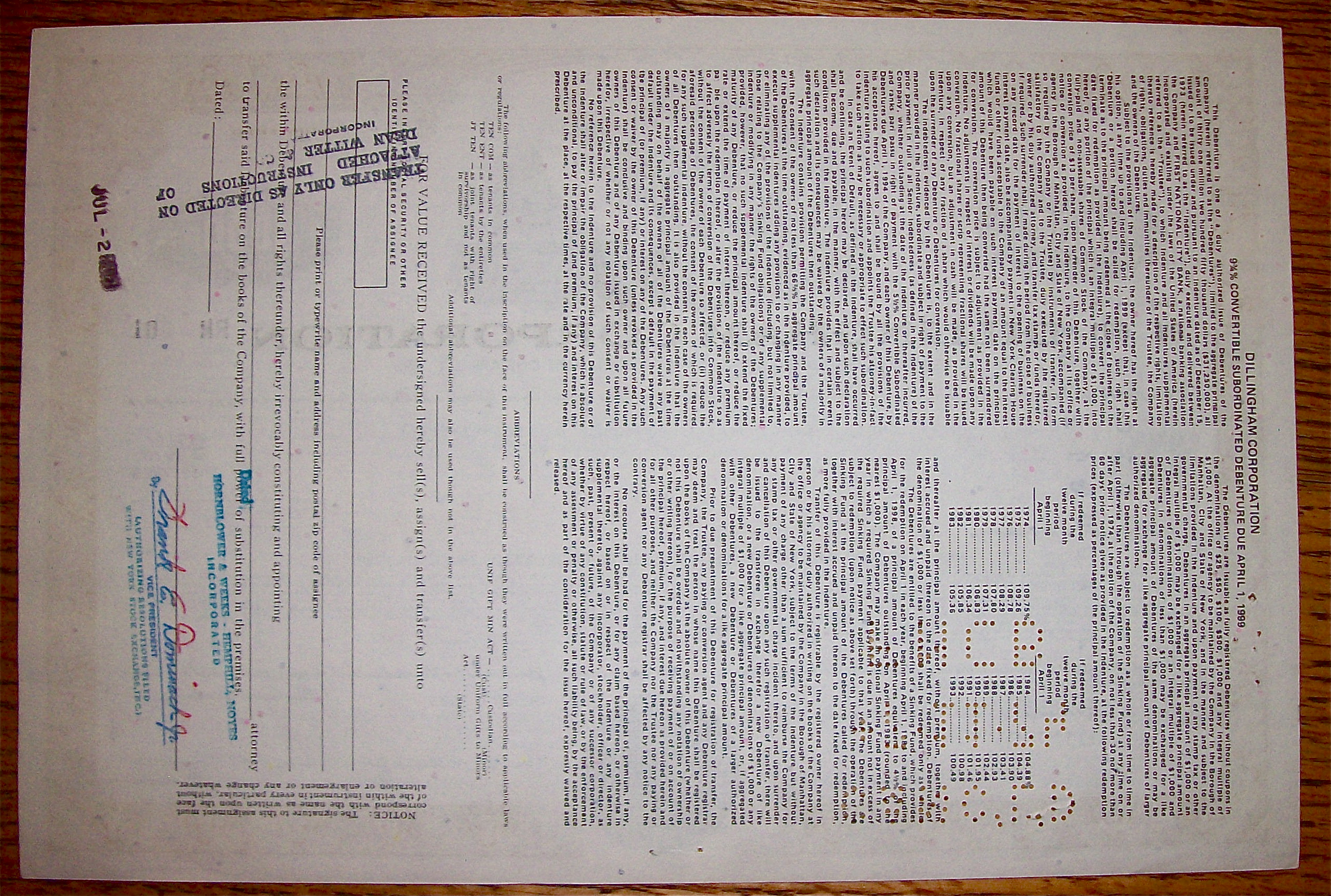 1973 Dillingham Corporation $1000 Debenture Note
