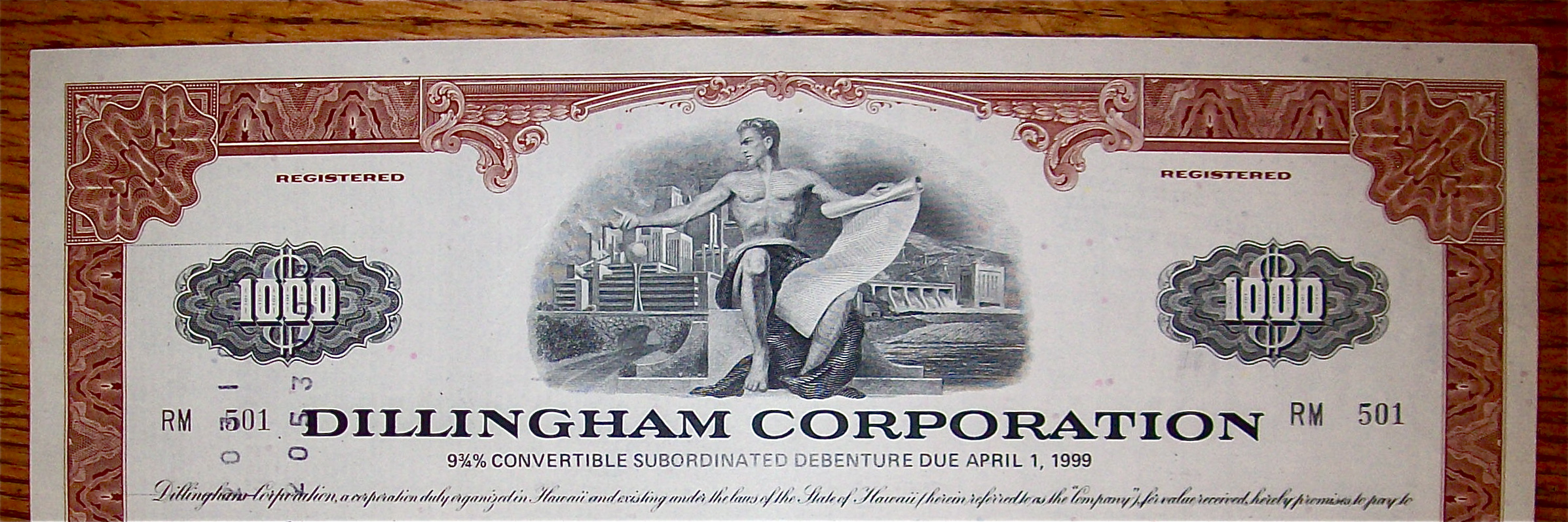 1973 Dillingham Corporation $1000 Debenture Note