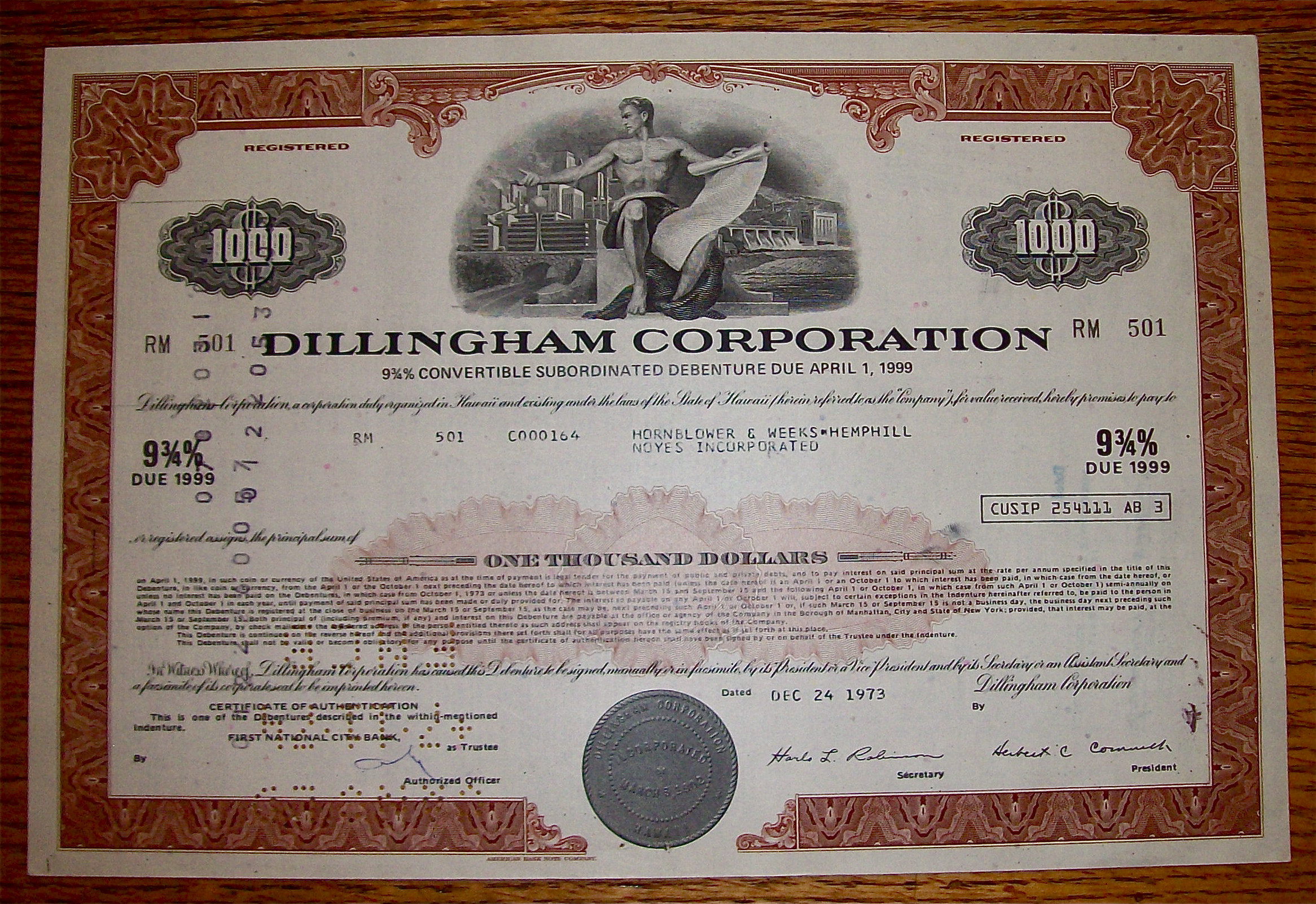 1973 Dillingham Corporation $1000 Debenture Note
