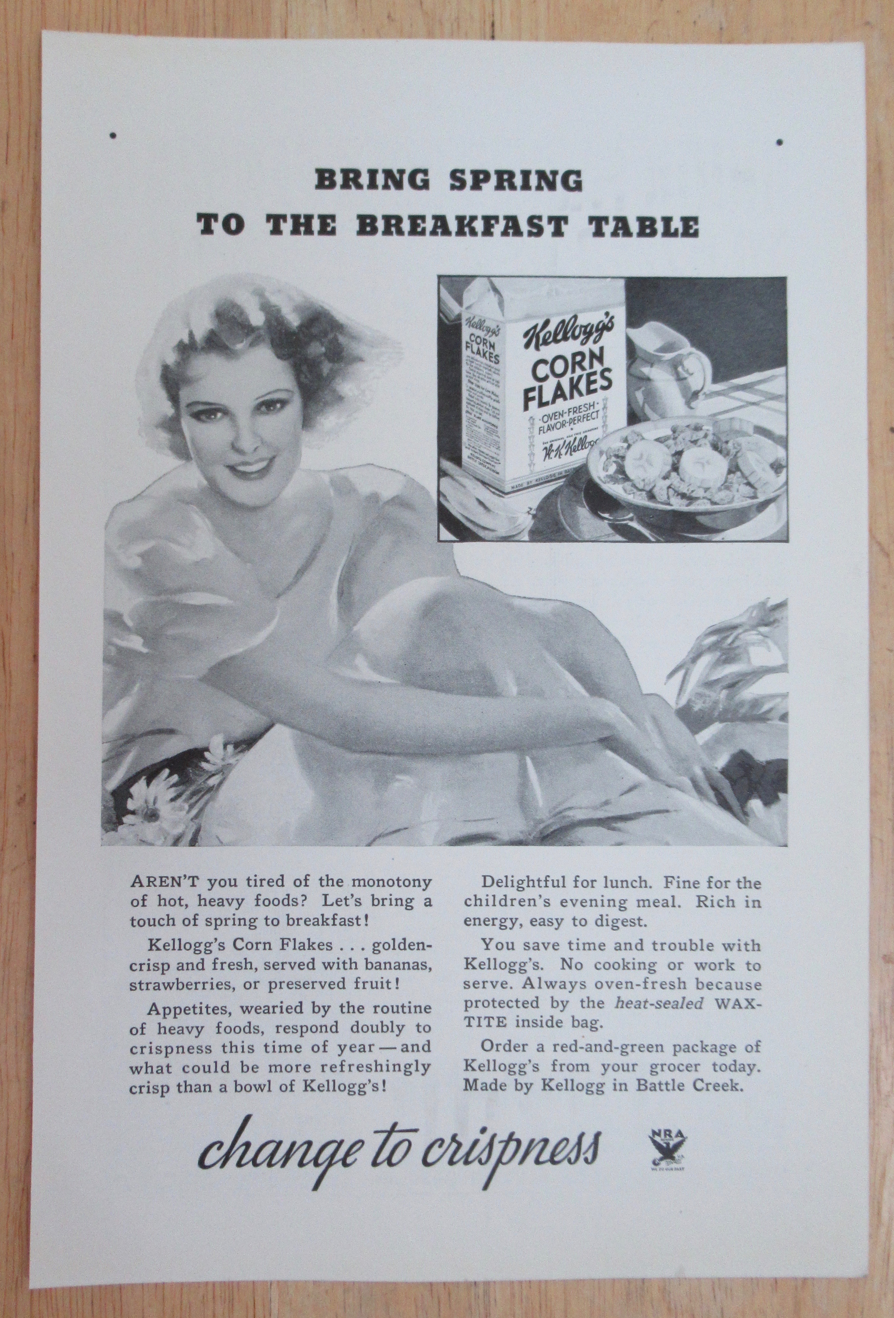 1934 Kellogg Corn Flakes with Woman Sitting