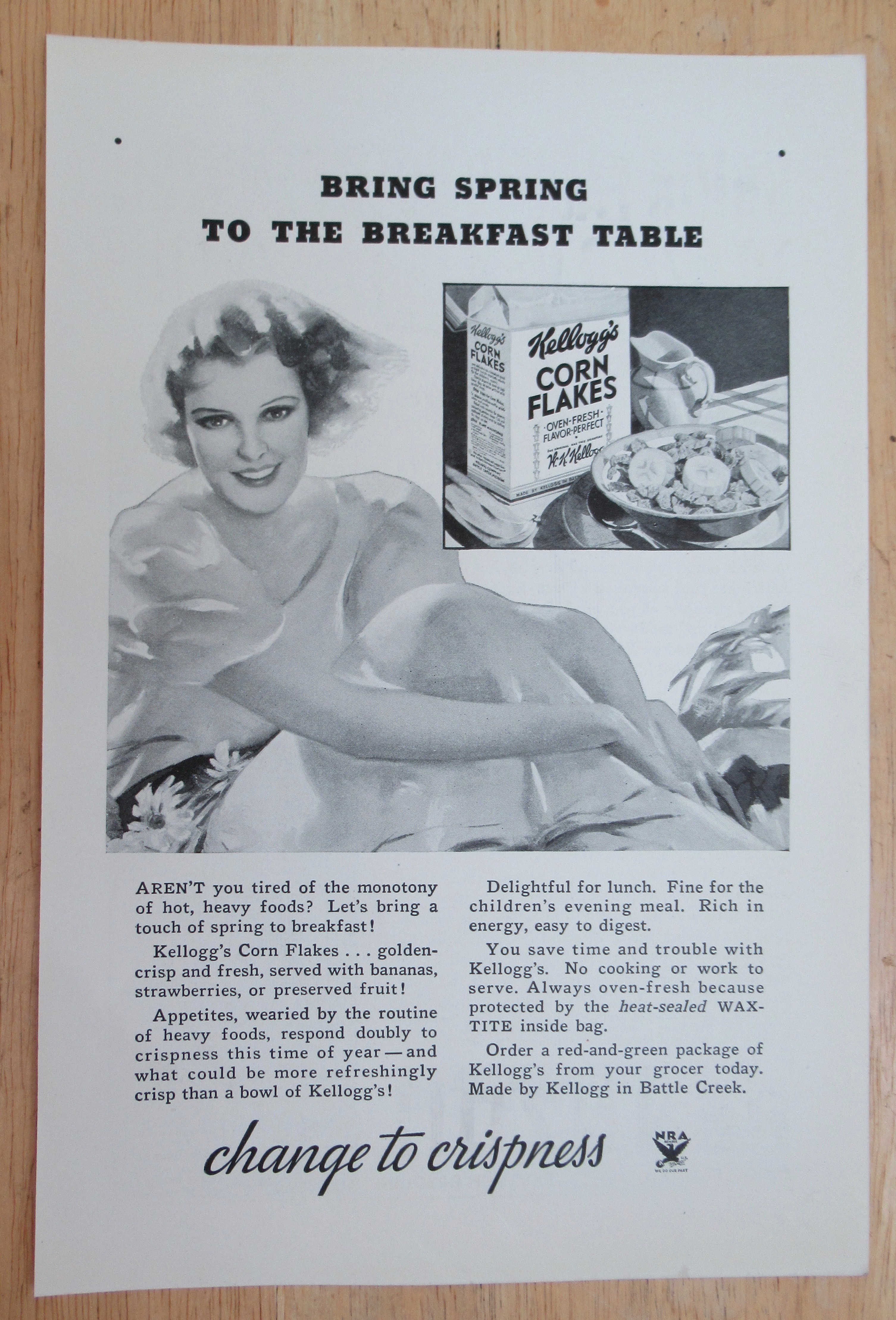 1934 Kellogg Corn Flakes with Woman Sitting