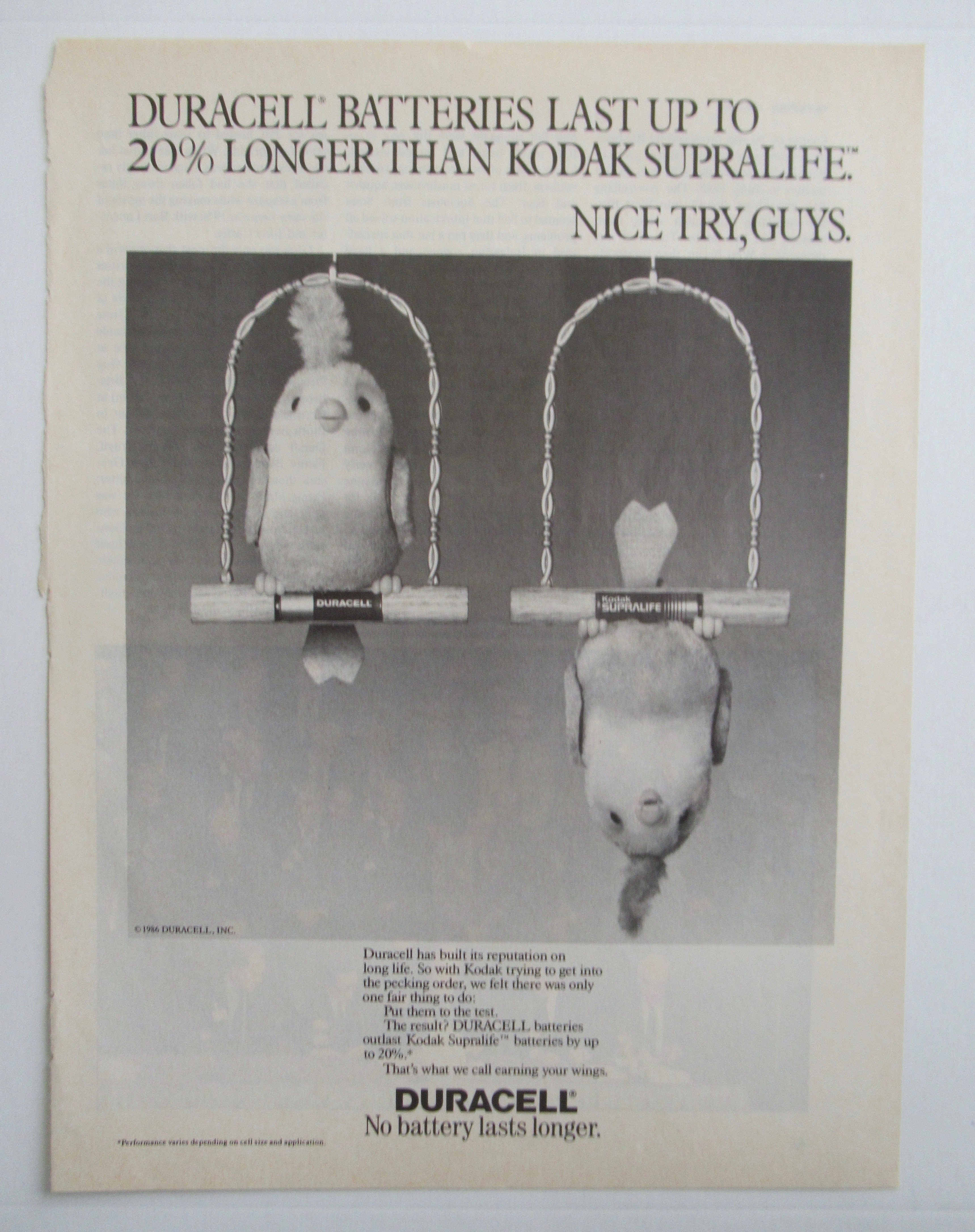1986 Duracell Battery with Two Birds On A Perch