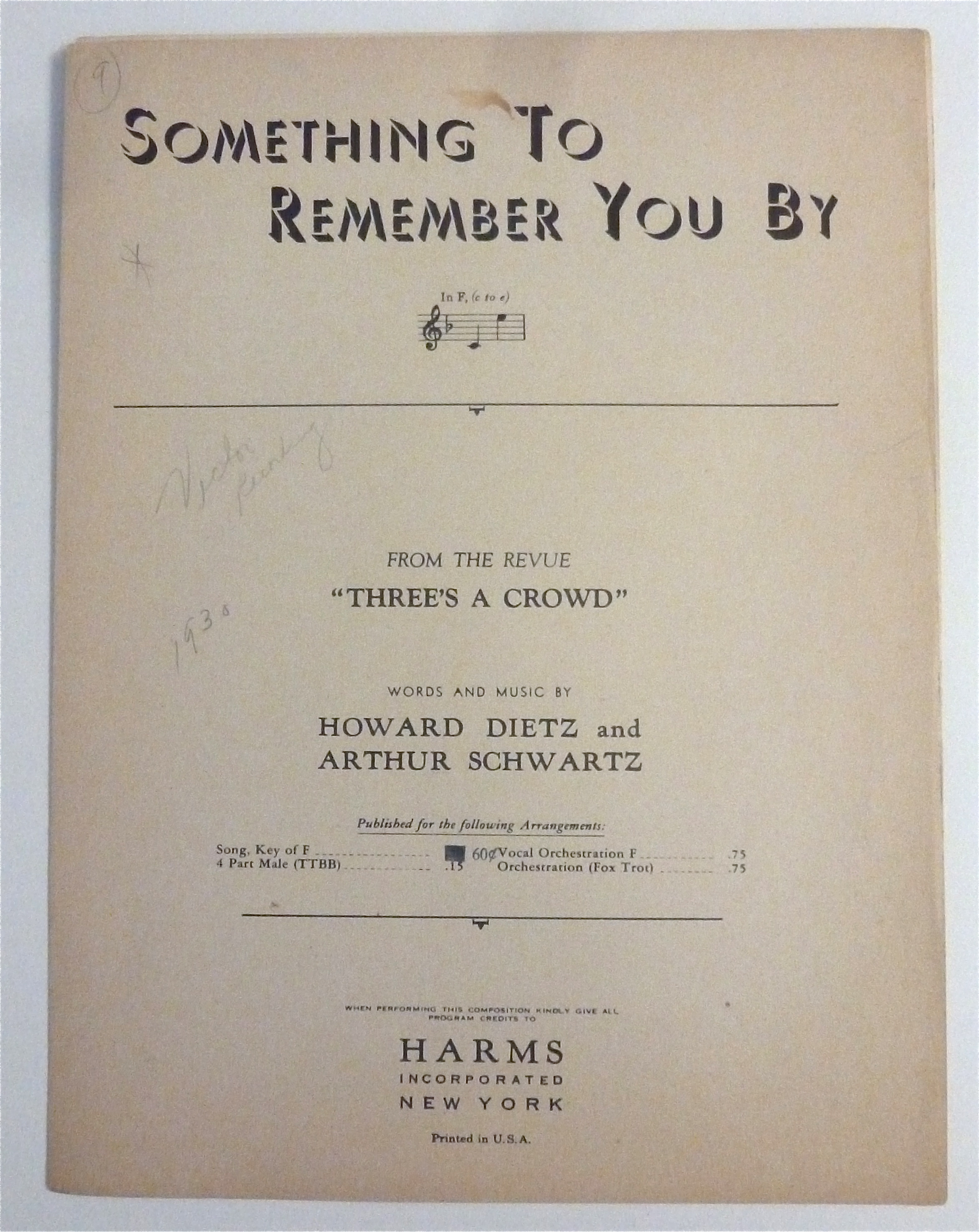 Sheet Music For 1930 Something To Remember You By