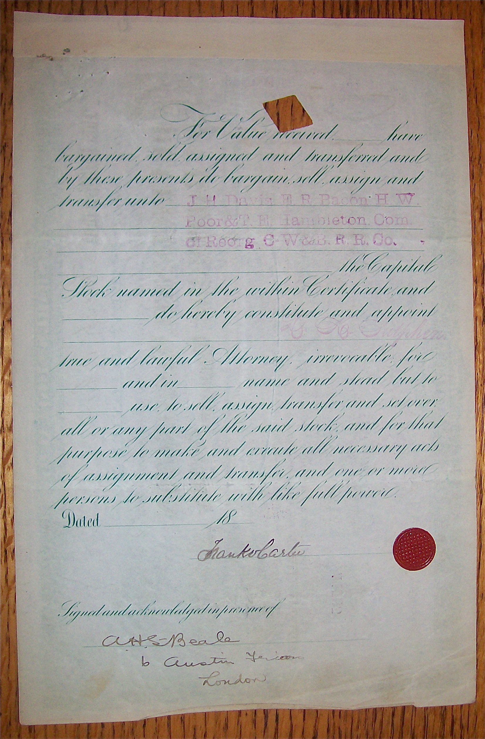 1883 Cincinnati Washington & Baltimore Railroad Stock