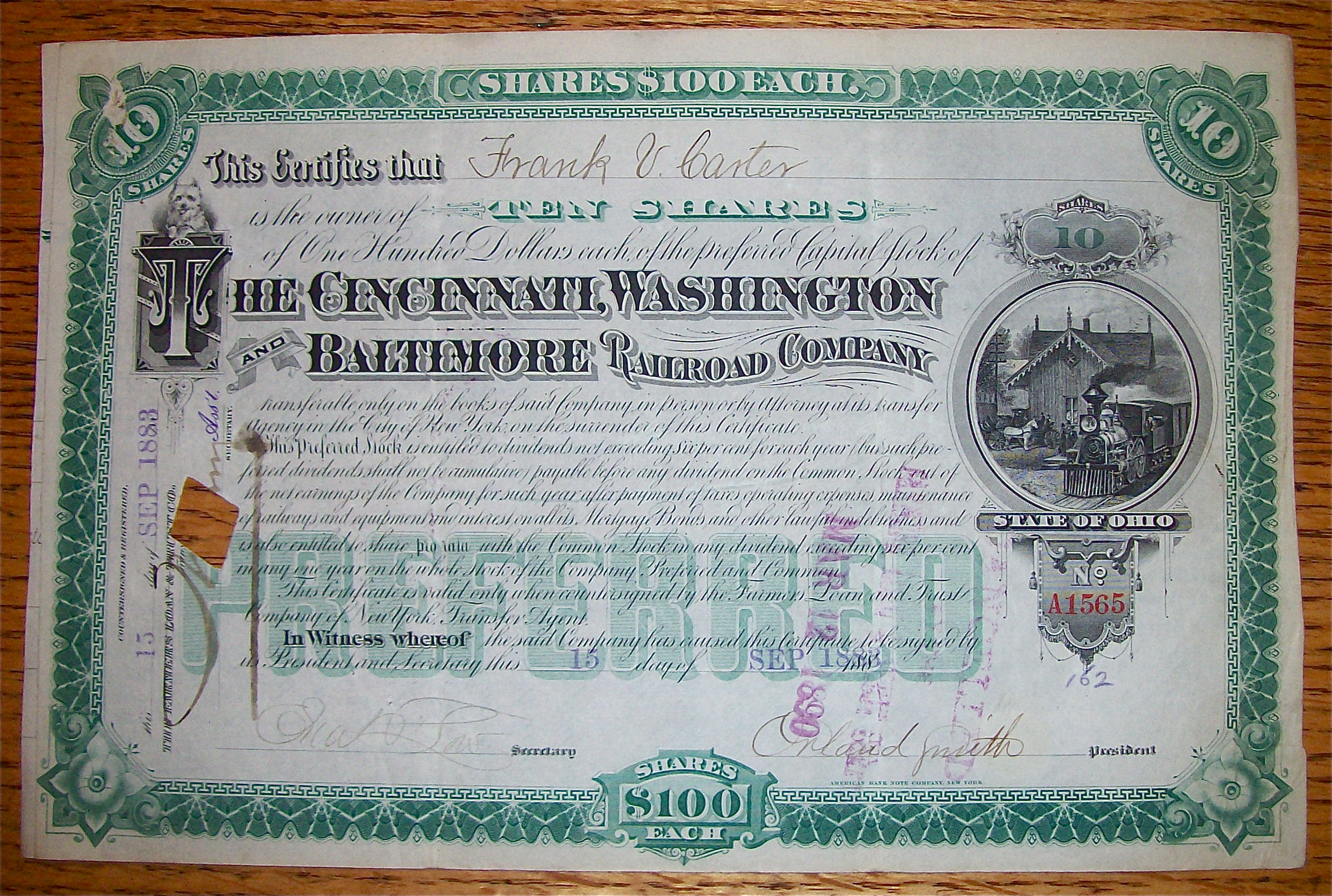 1883 Cincinnati Washington & Baltimore Railroad Stock