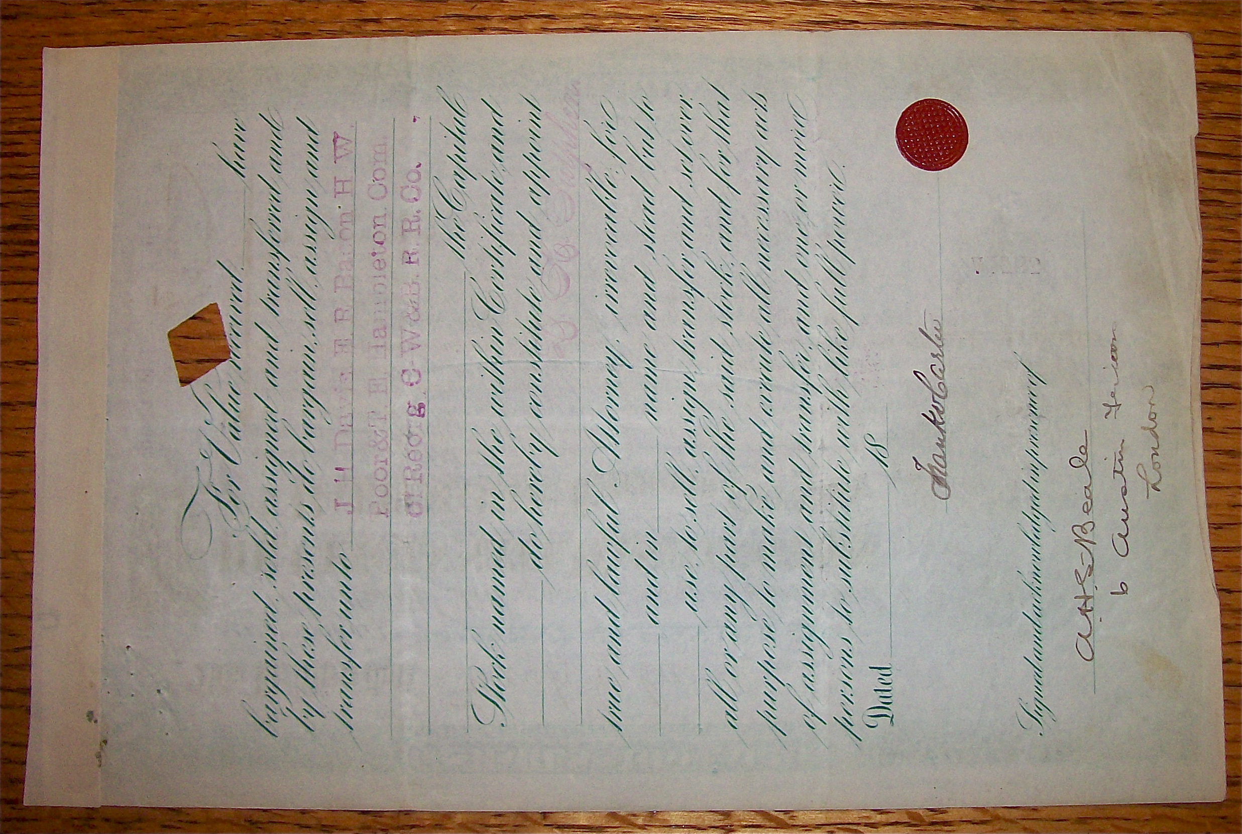 1883 Cincinnati Washington & Baltimore Railroad Stock