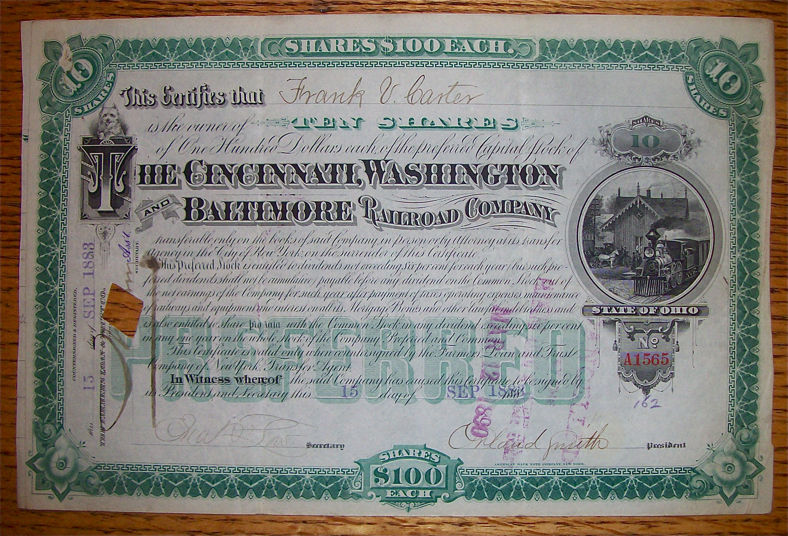 1883 Cincinnati Washington & Baltimore Railroad Stock