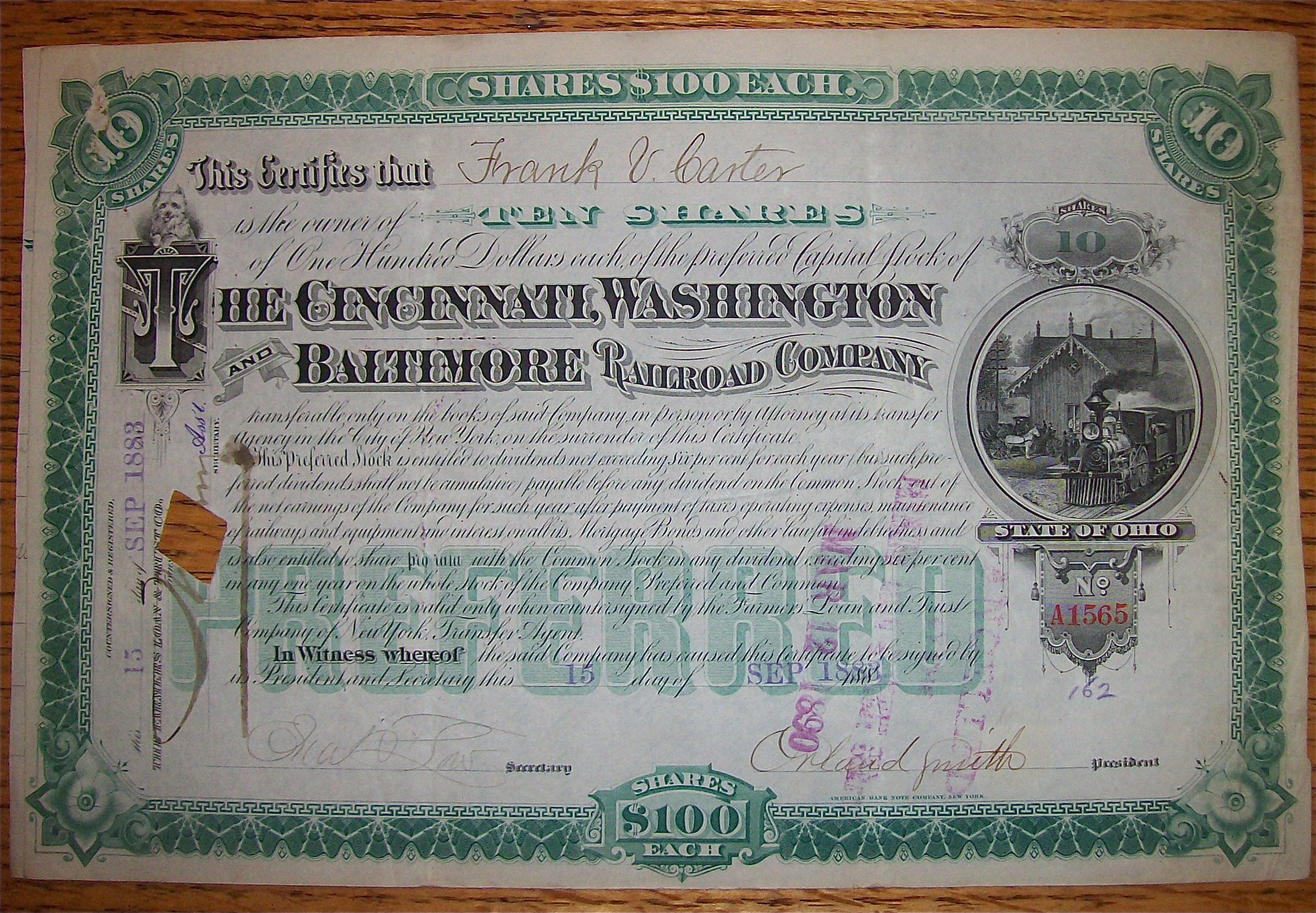 1883 Cincinnati Washington & Baltimore Railroad Stock