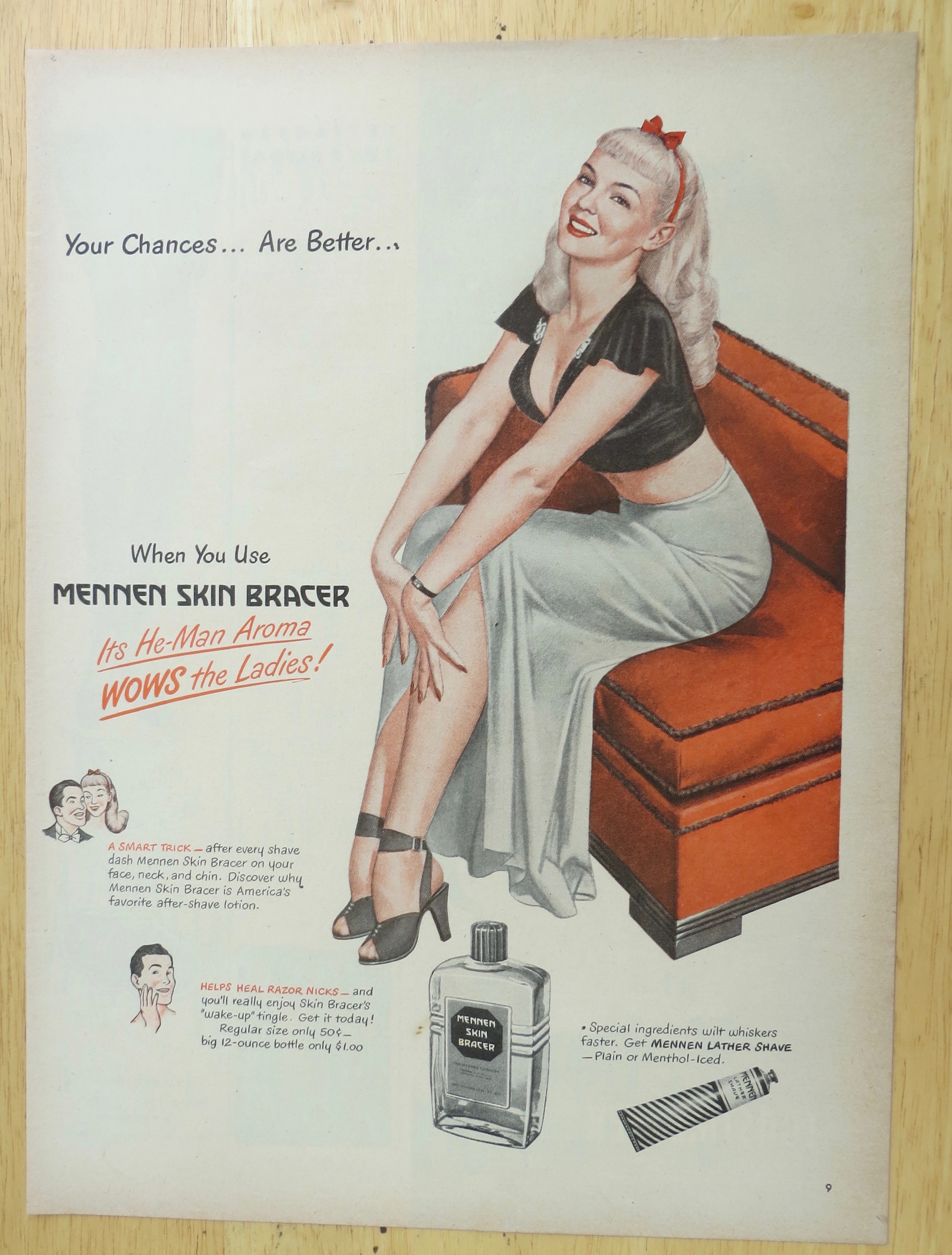 1947 Mennen Skin Bracer with Lovely Woman on Couch