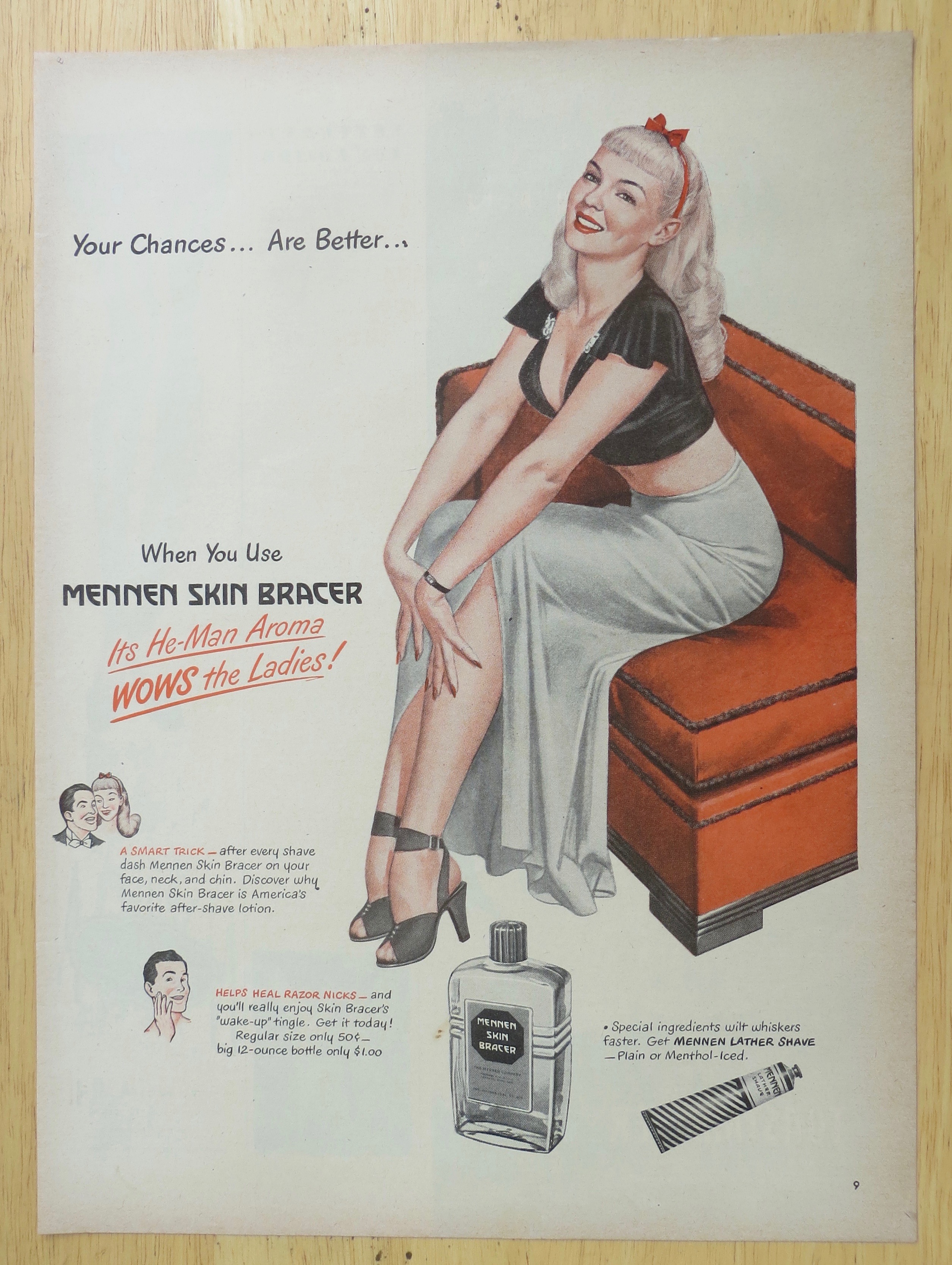 1947 Mennen Skin Bracer with Lovely Woman on Couch