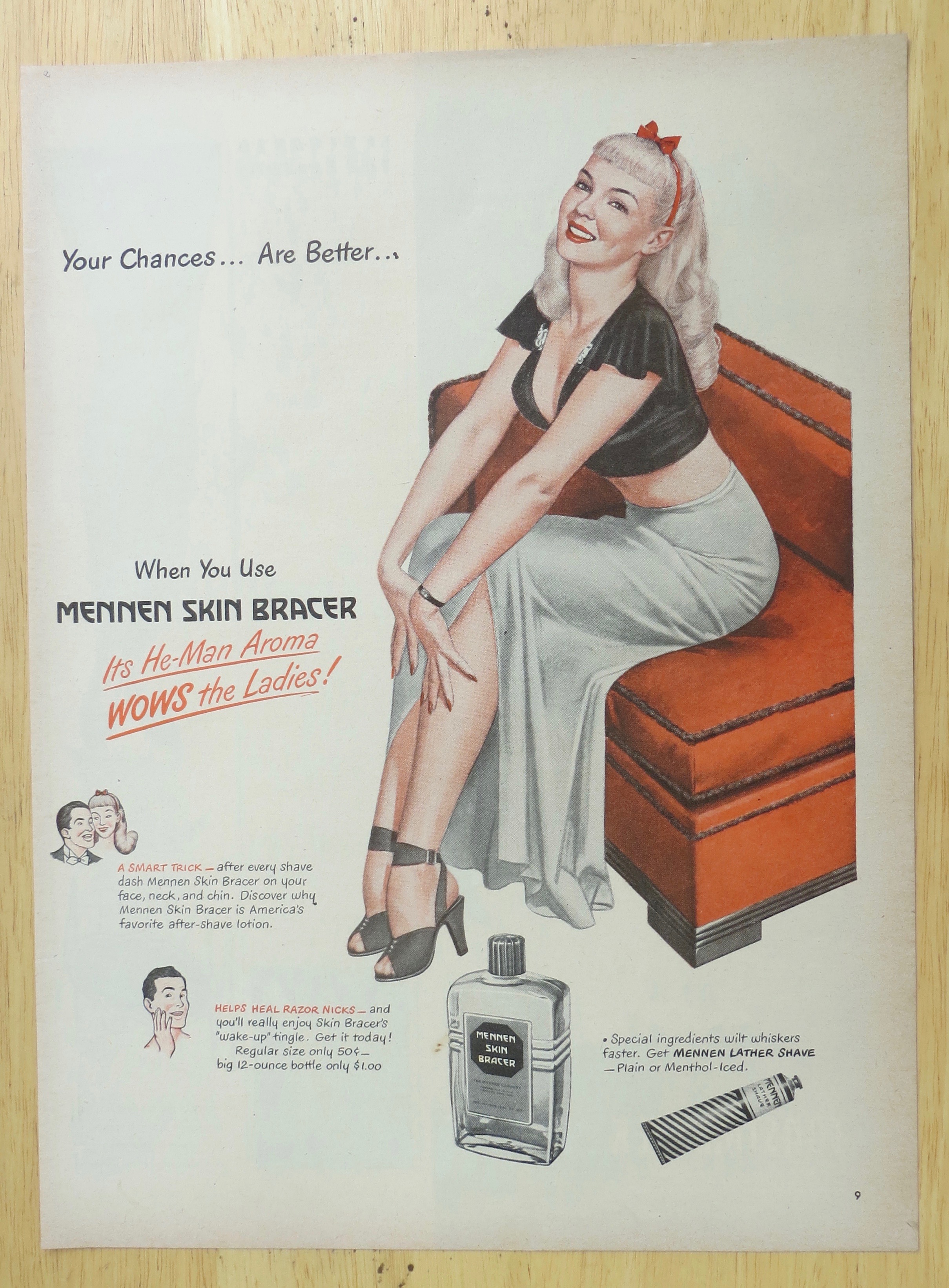 1947 Mennen Skin Bracer with Lovely Woman on Couch