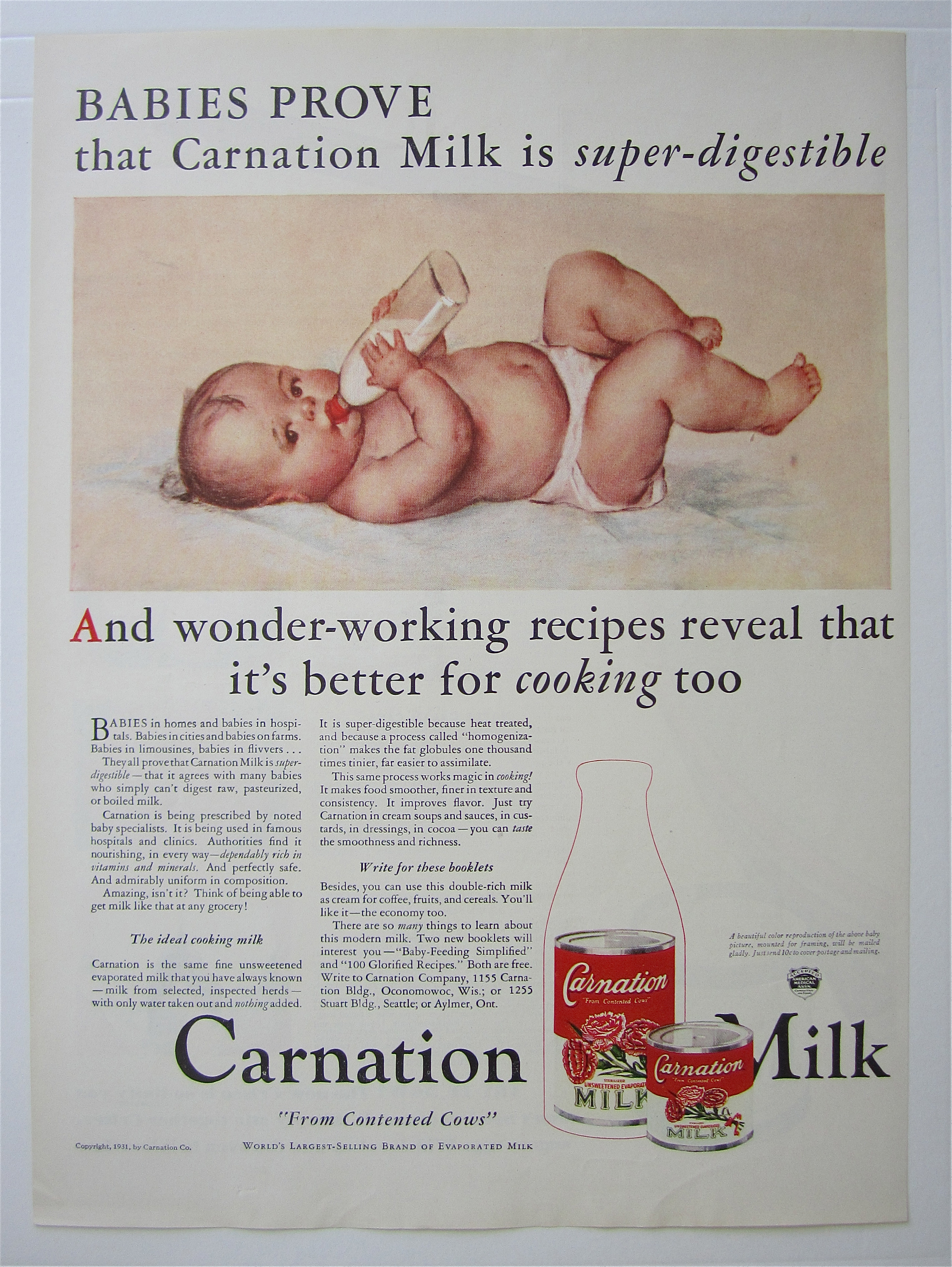 1931 Carnation Milk with Baby Drinking a Bottle