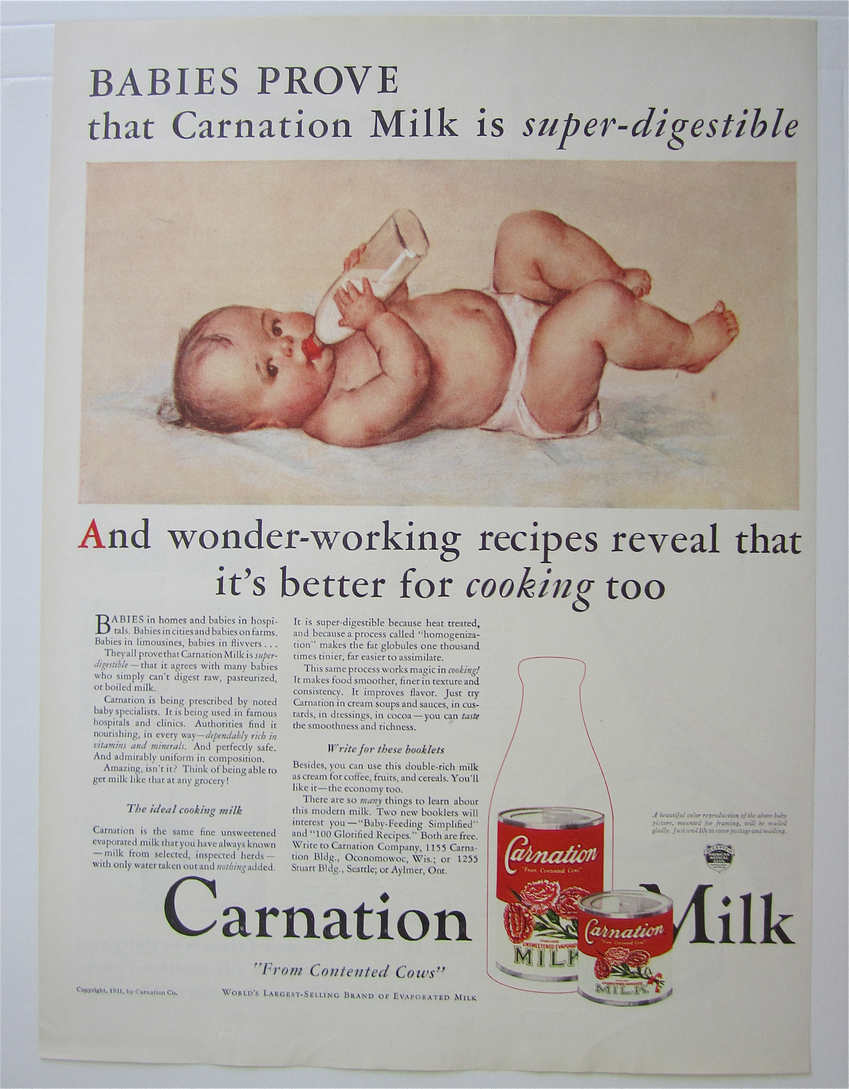 1931 Carnation Milk with Baby Drinking a Bottle