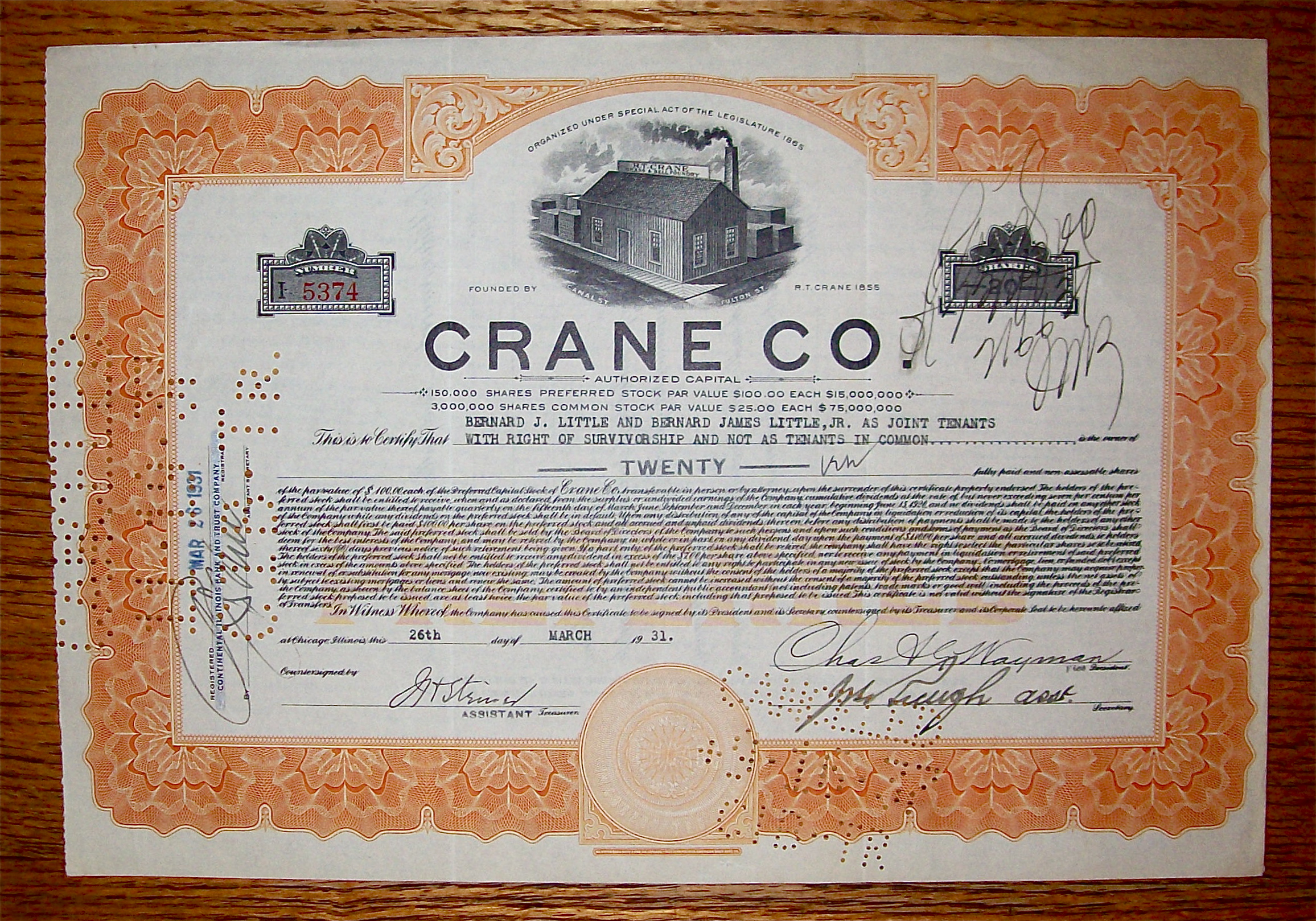 1931 Crane Company Stock Certificate