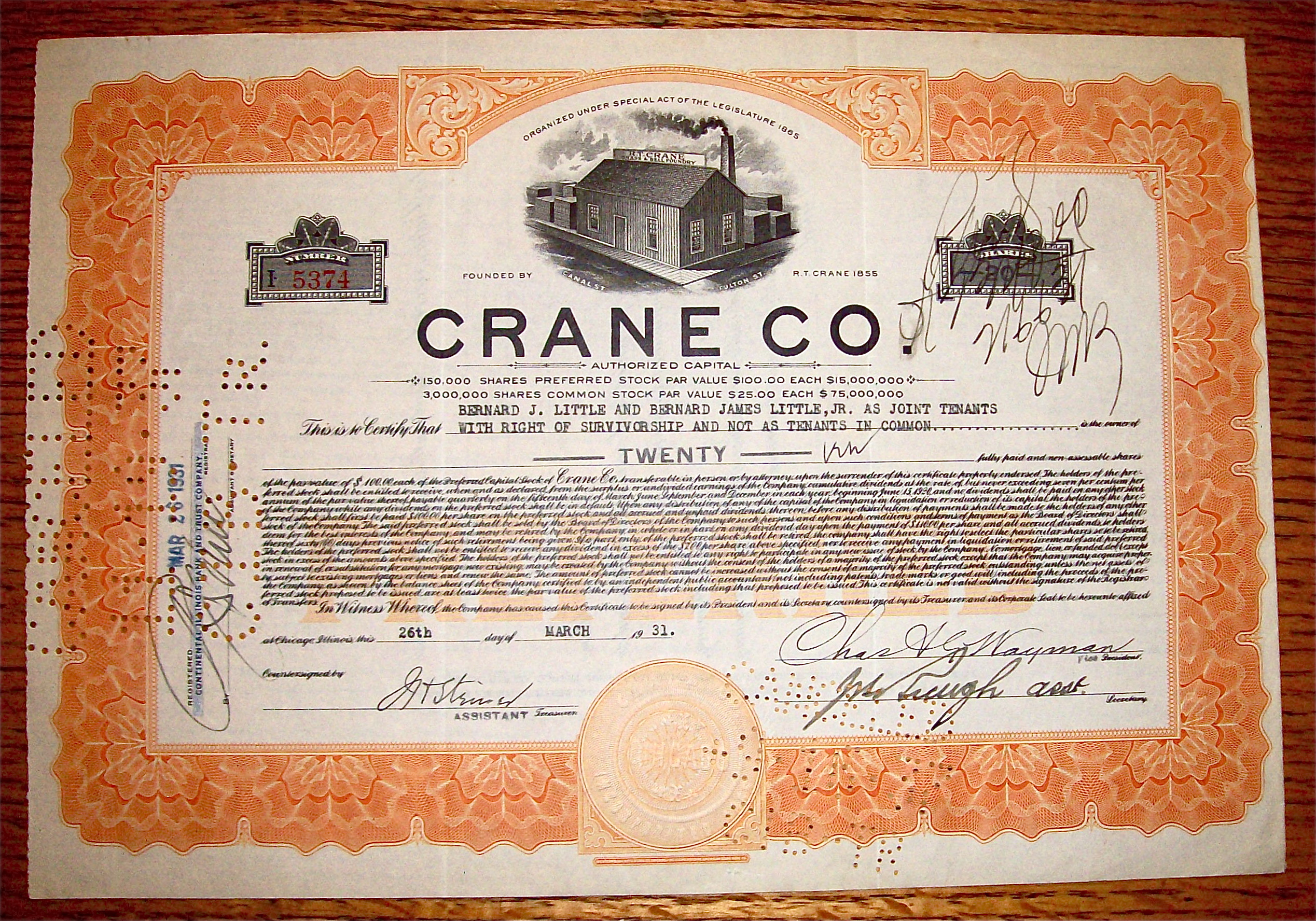 1931 Crane Company Stock Certificate