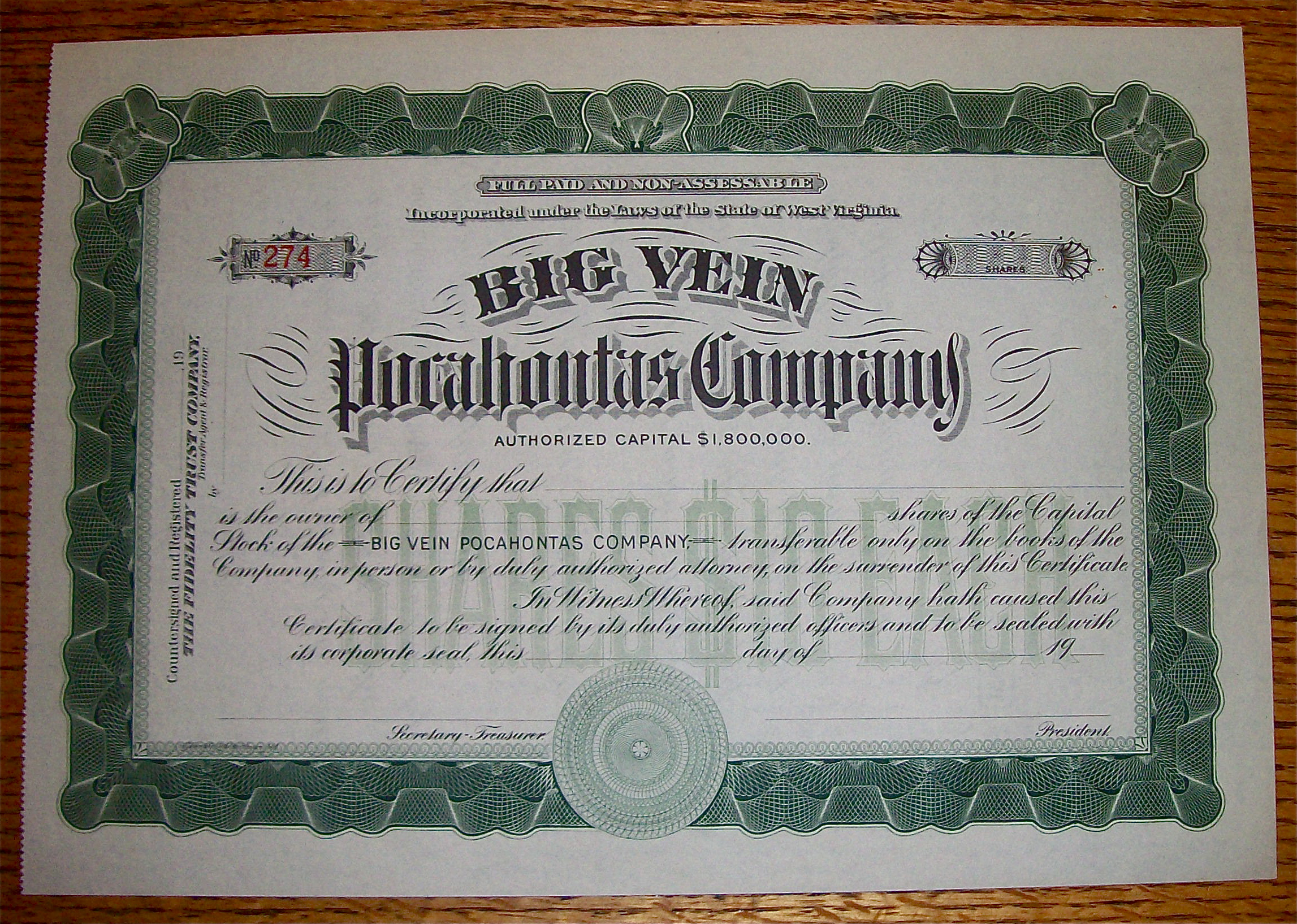 1910's Big Vein Pocahontos Company Stock Certificate