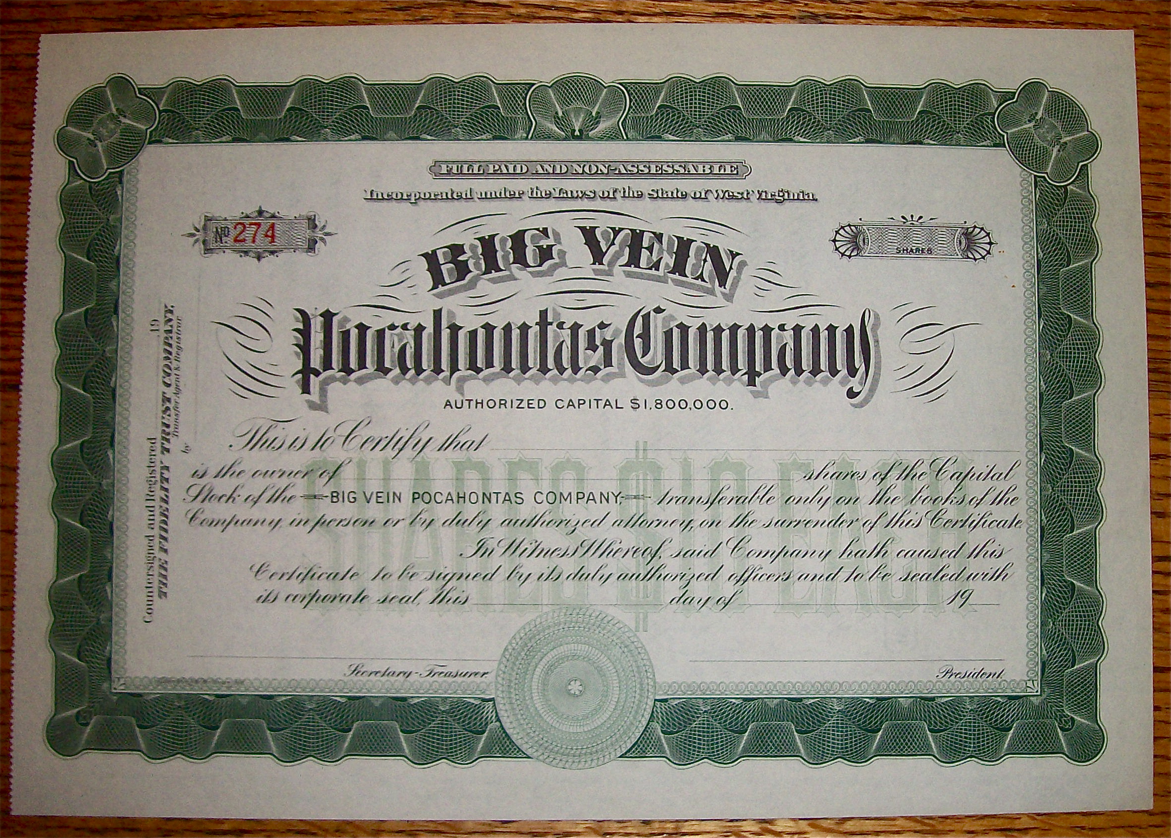 1910's Big Vein Pocahontos Company Stock Certificate