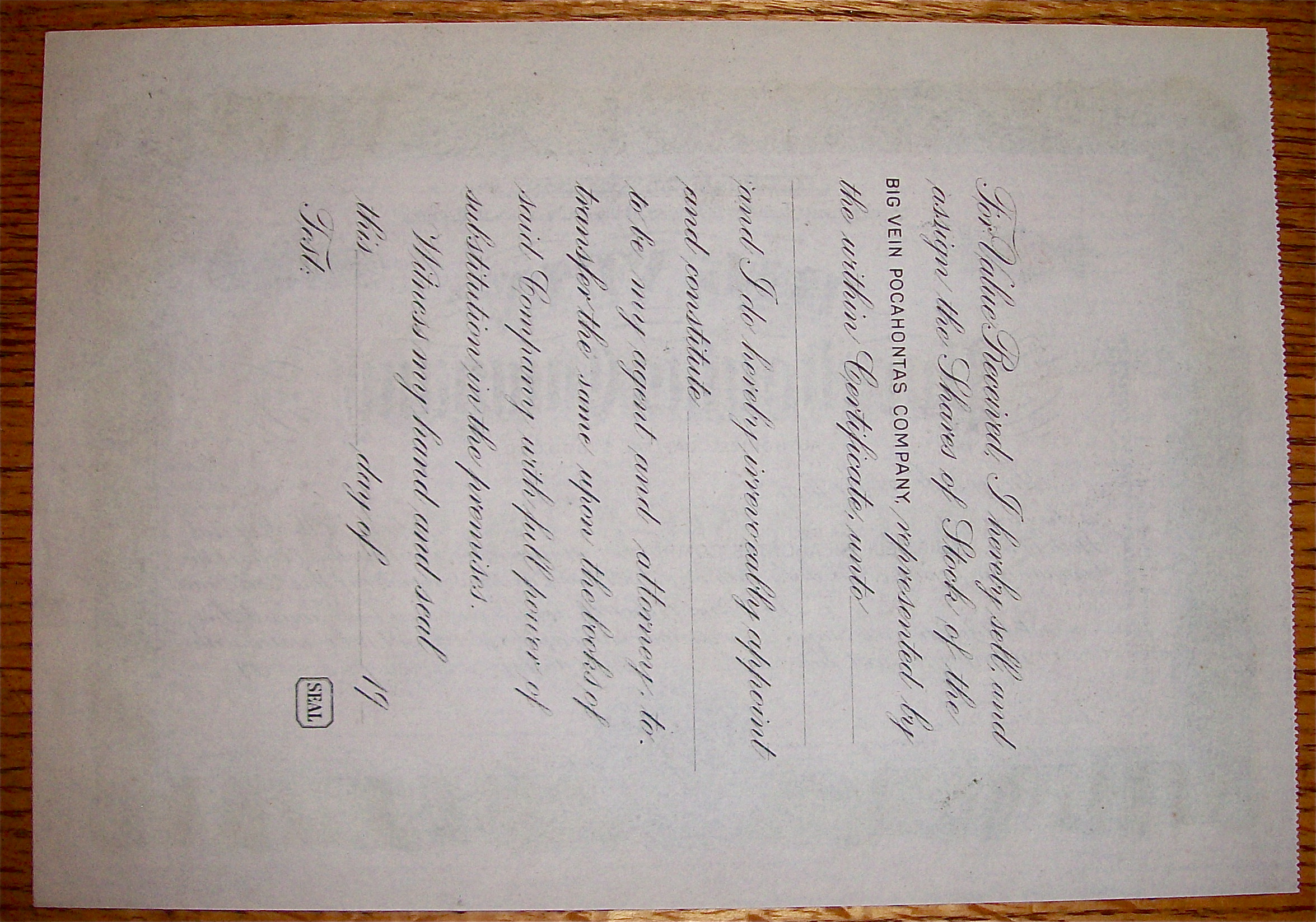 1910's Big Vein Pocahontos Company Stock Certificate