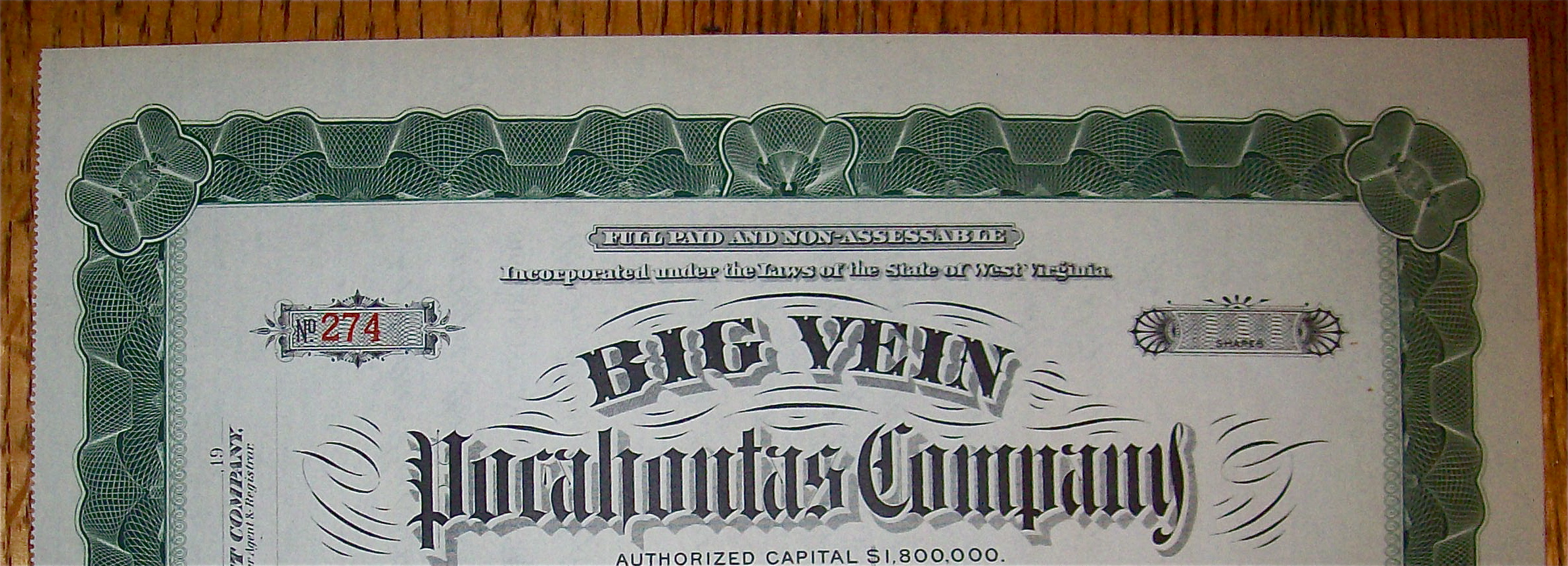 1910's Big Vein Pocahontos Company Stock Certificate