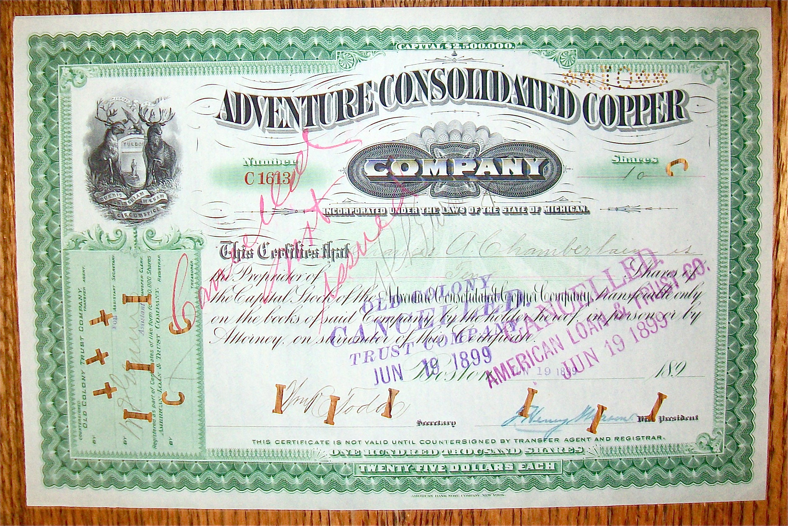 1899 Adventure Consolidated Copper Company Stock