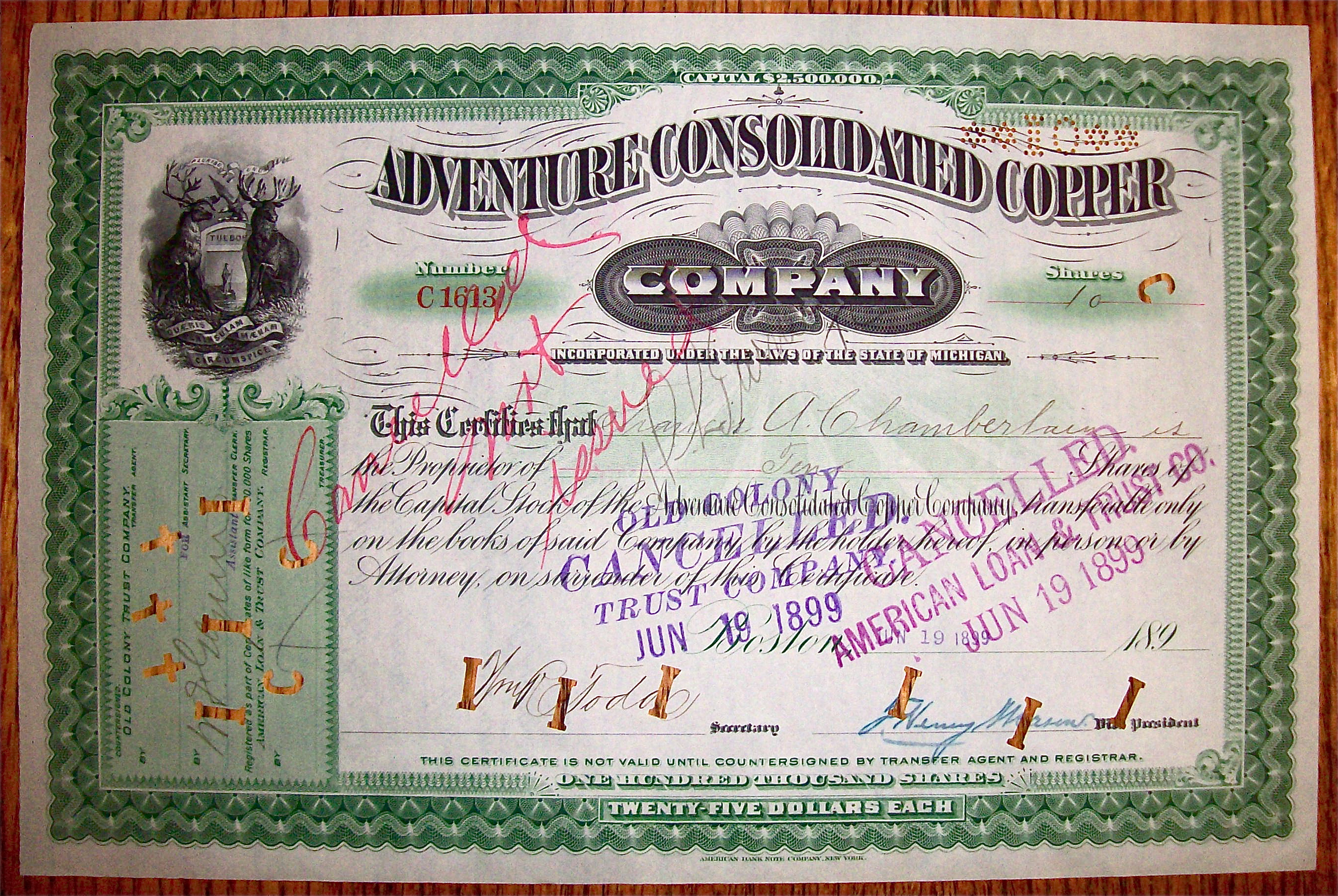 1899 Adventure Consolidated Copper Company Stock