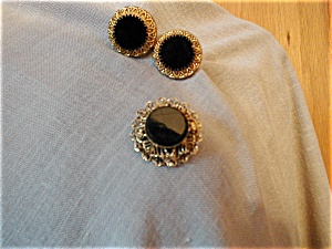 Onyx Brooch/Necklace and Earrings