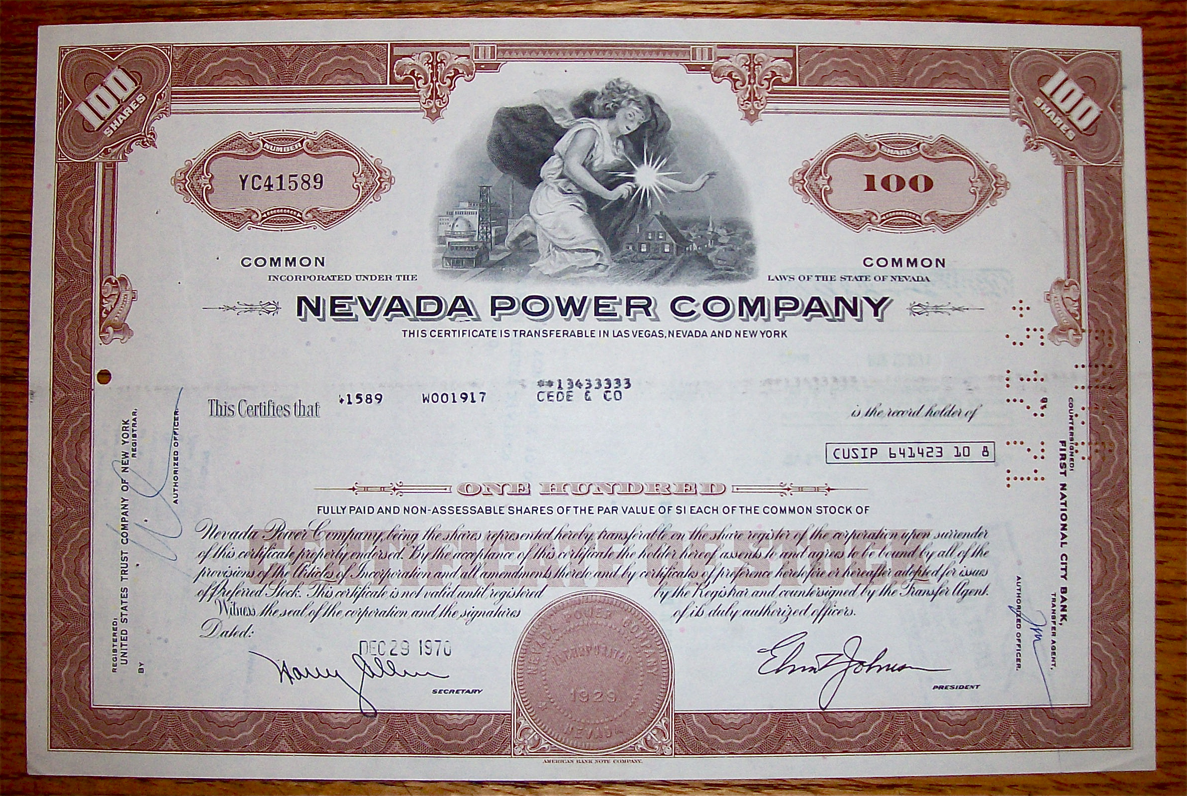 1970 Nevada Power Company Stock Certificate