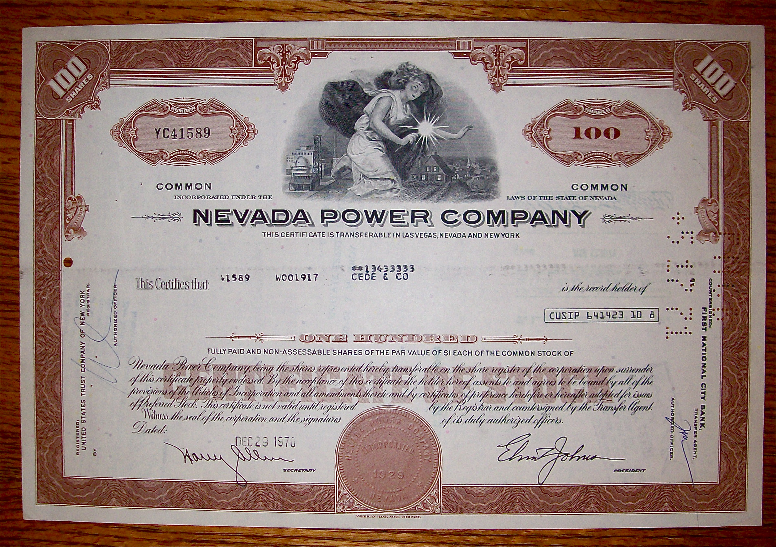 1970 Nevada Power Company Stock Certificate