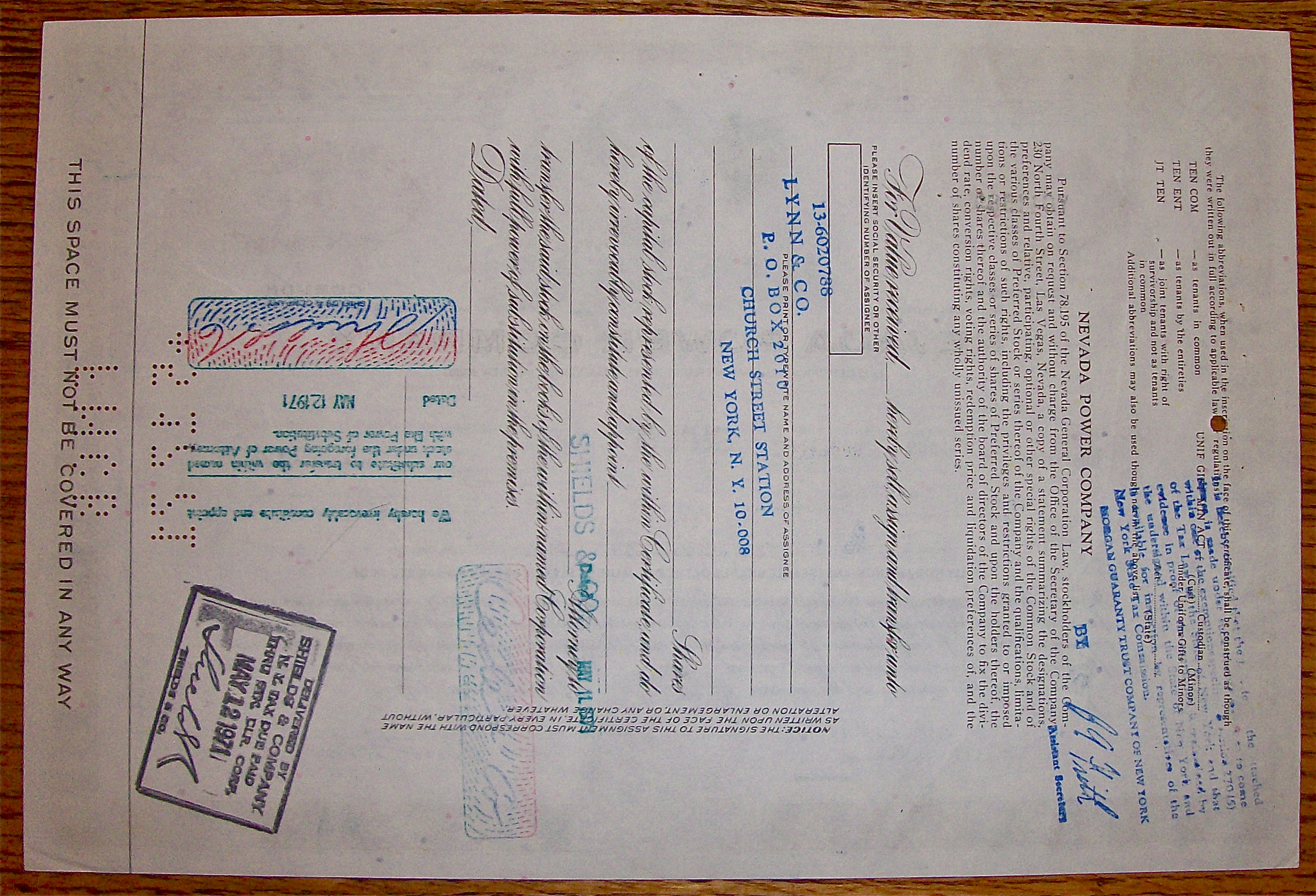 1970 Nevada Power Company Stock Certificate